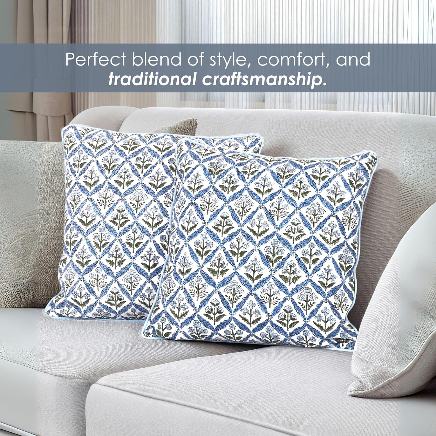 SheetKart Cotton Throw Pillow Covers - Set of 2 - Hand Block Cotton Printed Boho Decorative Pillow Covers - Cushion Covers for Living Room, Bohemian Theme, 17x17 Inches, Floral Blue