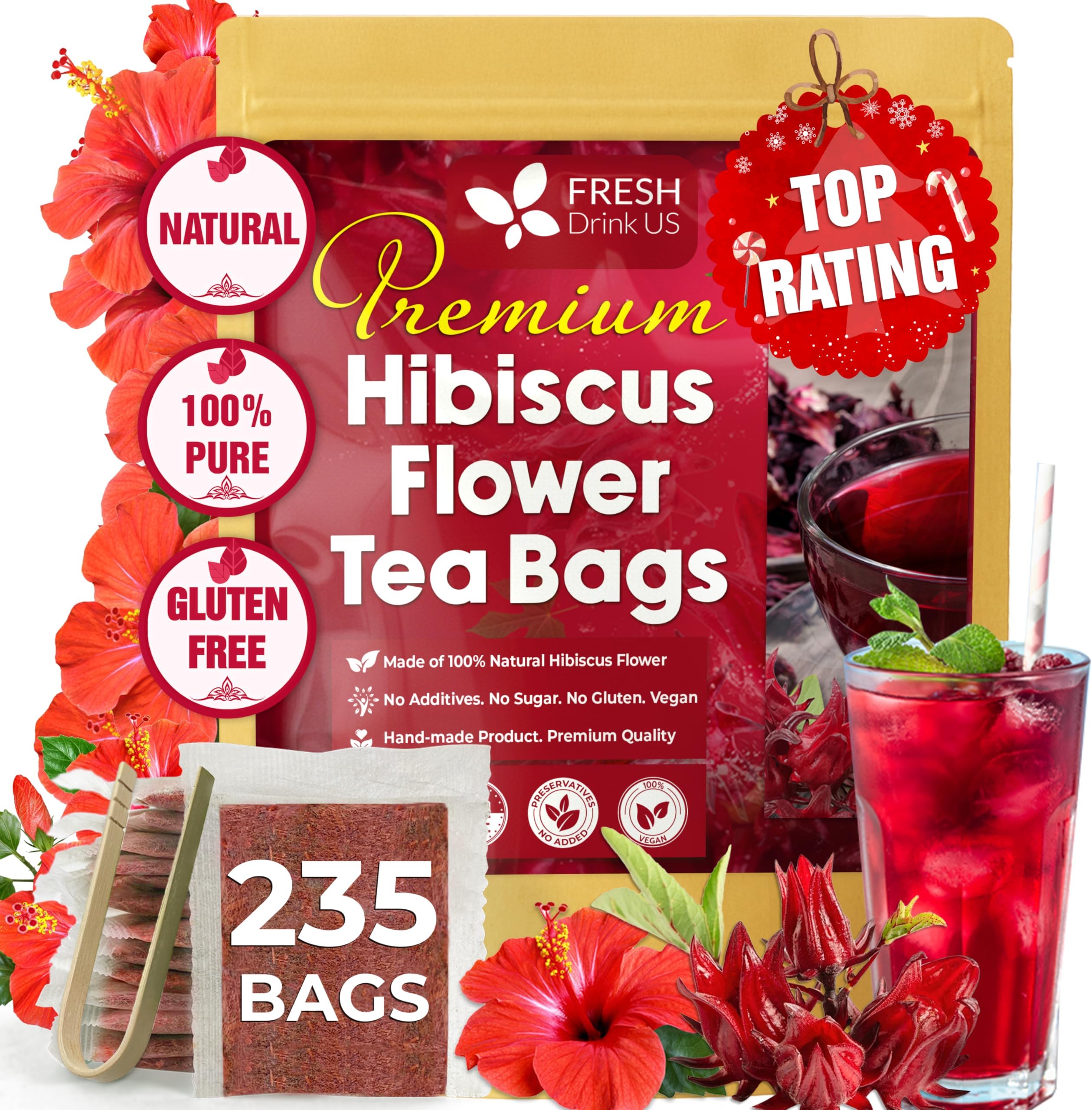 FreshDrinkUS, Premium 235 Bags Hibiscus Flowers Tea, 100% Natural & Pure. Made with Eco-Conscious Tea Bags. No Sugar, No Caffeine, No Gluten, Vegan.