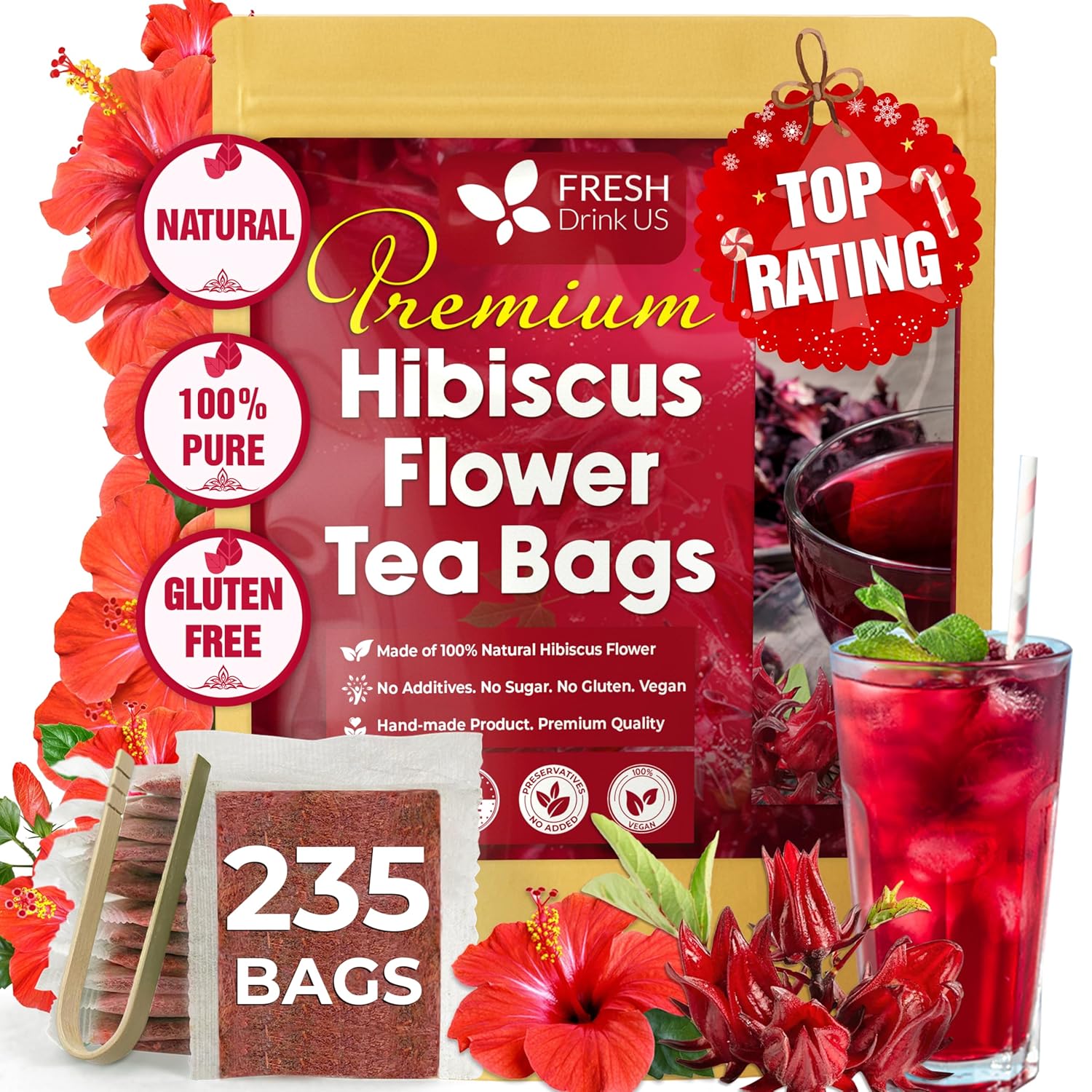 FreshDrinkUS, Premium 235 Hibiscus Flowers Tea Bags, 100% Natural, Pure from Hibiscus Flowers. Loose Flower Herbal Tea. No Sugar, No Caffeine, No Gluten, Vegan.