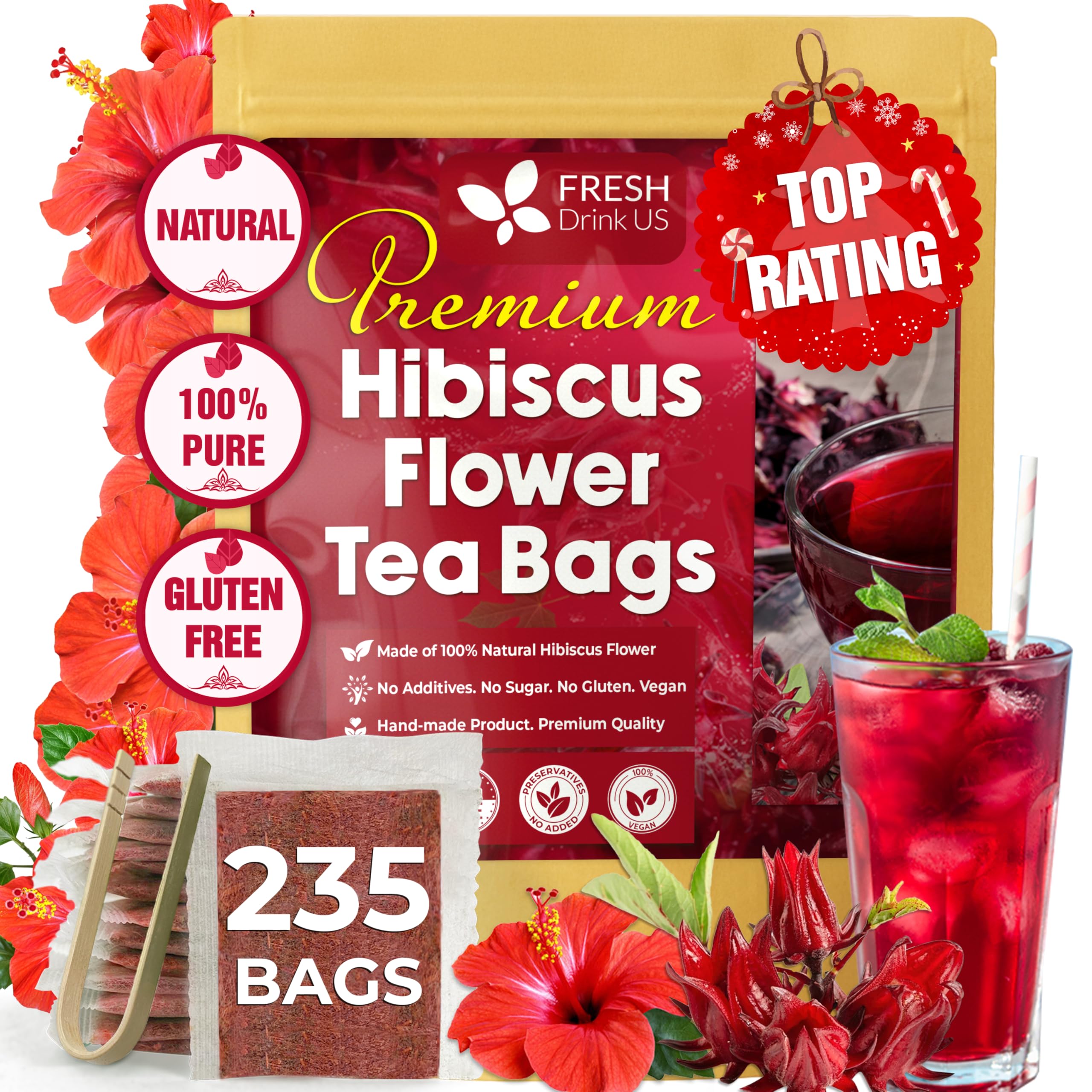 FreshDrinkUS, Premium 235 Hibiscus Flowers Tea Bags, 100% Natural, Pure from Hibiscus Flowers. Loose Flower Herbal Tea. No Sugar, No Caffeine, No Gluten, Vegan.