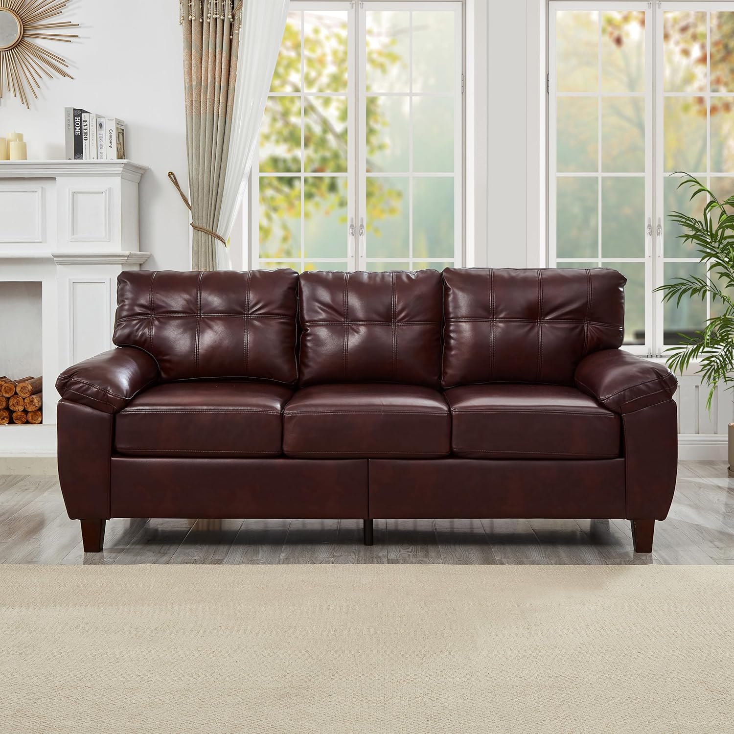 KEIKI 79"Modern PU Leather Living Room Sofa Couch with Storage, Three Seat with Wide Armrests and Tufted Back Cushion, Comfortable Spring Seat Support Couch for Living Room Apartment Lounge, Burgundy