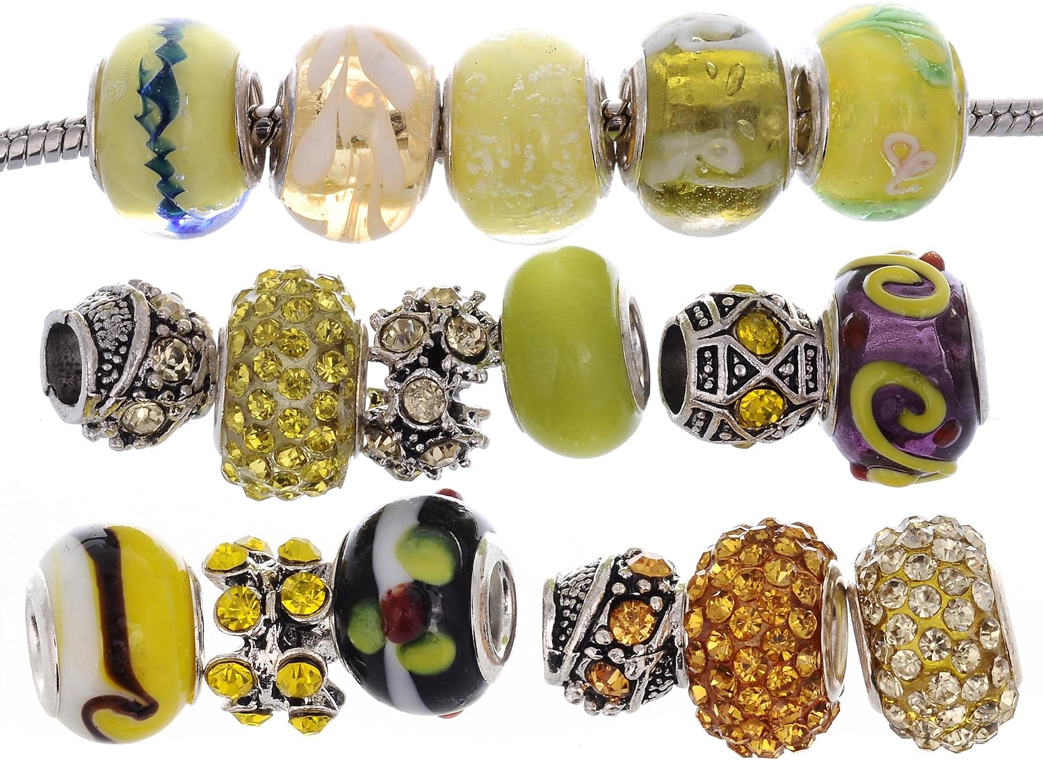 RUBYCA Murano Lampwork Charm Glass Beads Tibetan Crystal European Bracelet Mix Assortment Yellow 15Pcs
