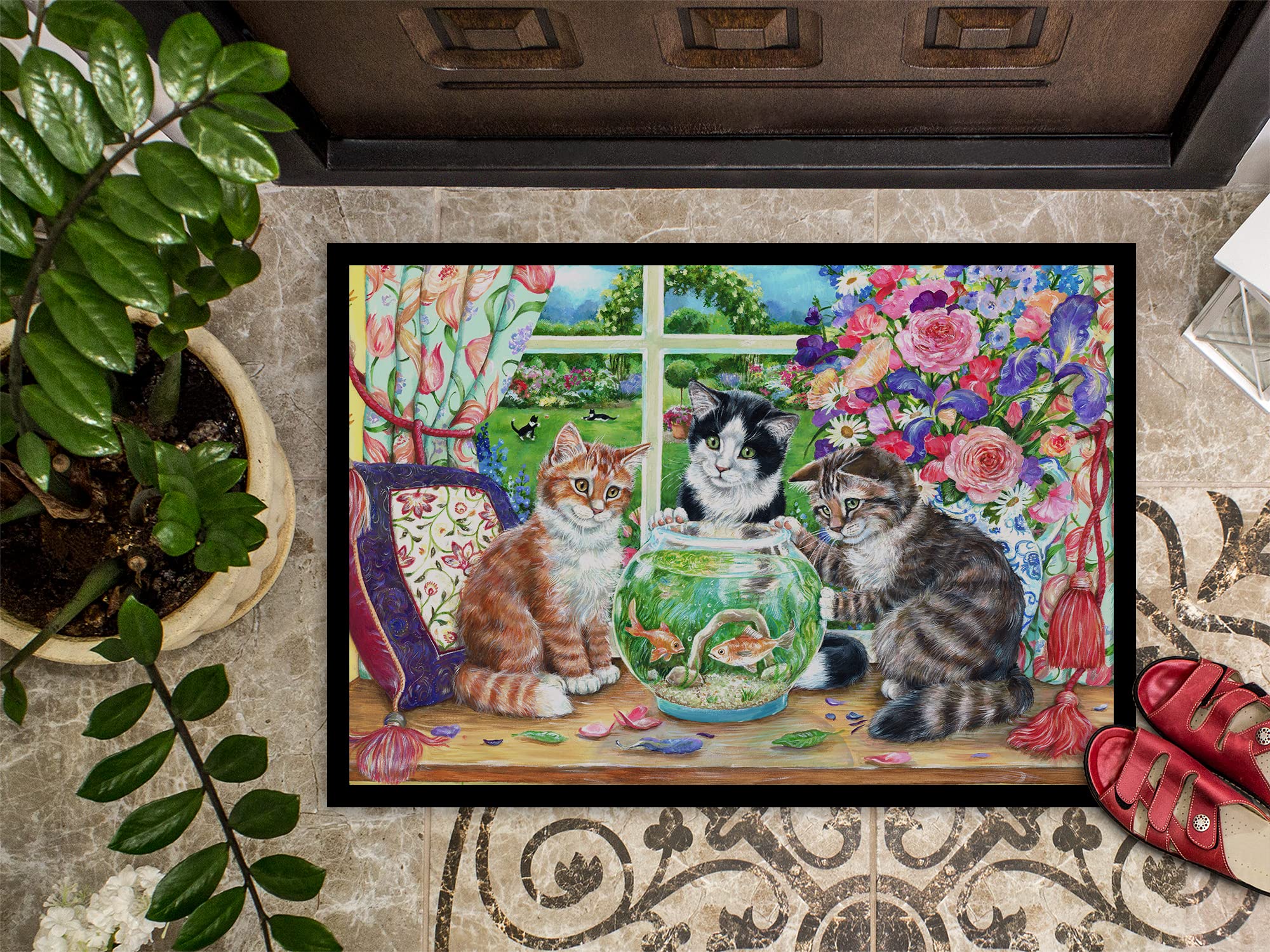 Caroline's Treasures CDCO0325JMAT Cats Just Looking in The Fish Bowl - Tappetino per Interni ed Esterni, 61 x 91,4 cm, Multicolore