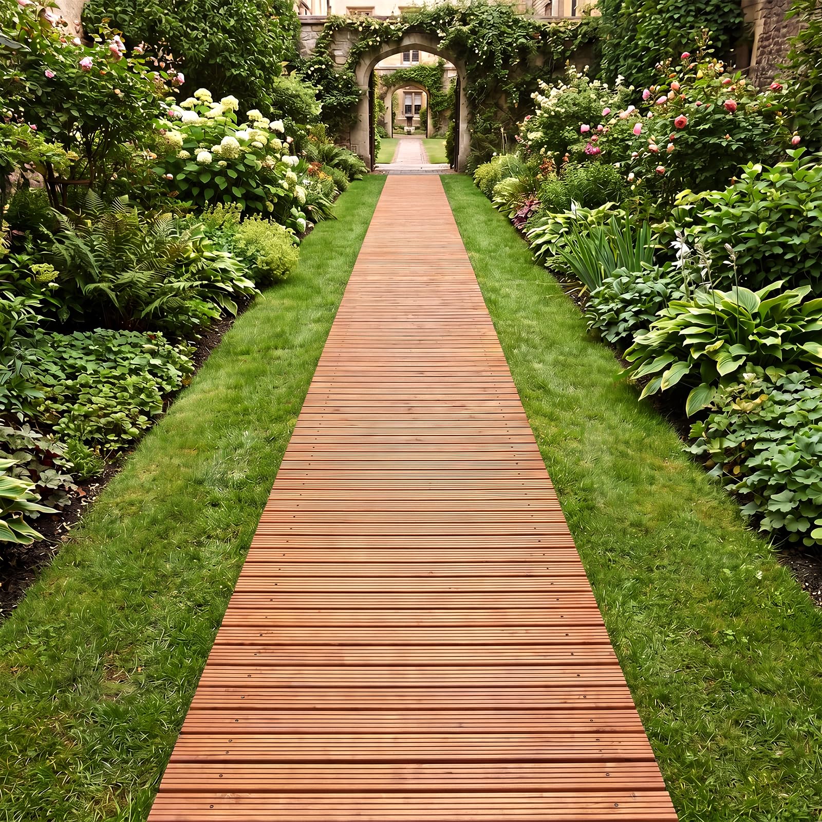 COSTWAY Sentiero da Giardino in Legno, Passerella Decorativa da Esterno, Superficie Antiscivolo, Collegamento con Fili Metallici, Sentiero Arrotolabile per Cortile e Spiaggia, 367 x 55 cm (Naturale)