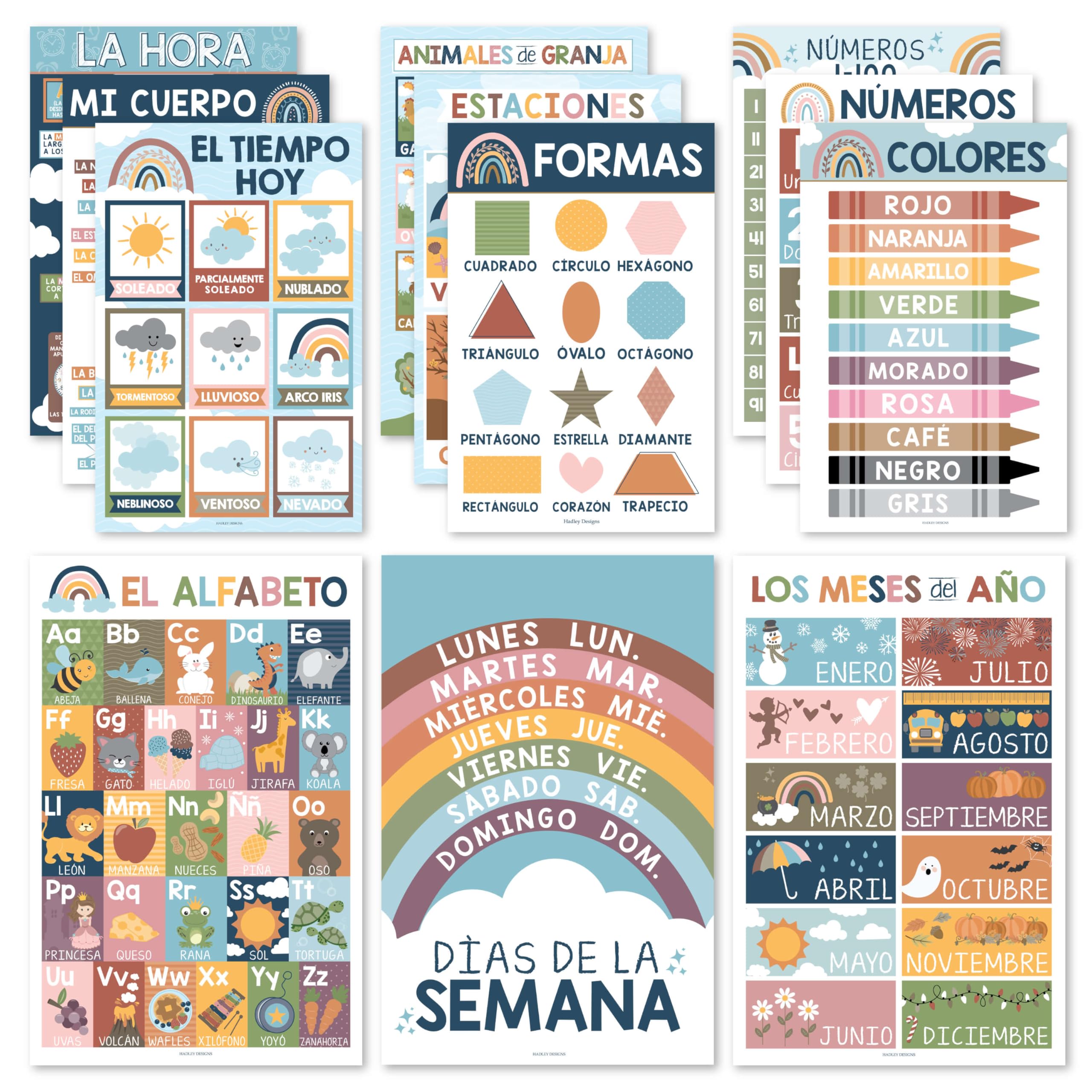 Hadley Designs Spanish Classroom Decorations - 12 Spanish Posters for Classroom Elementary, Abecedario para Niños en Español, Laminated Boho Bilingual Educational Posters 11x17