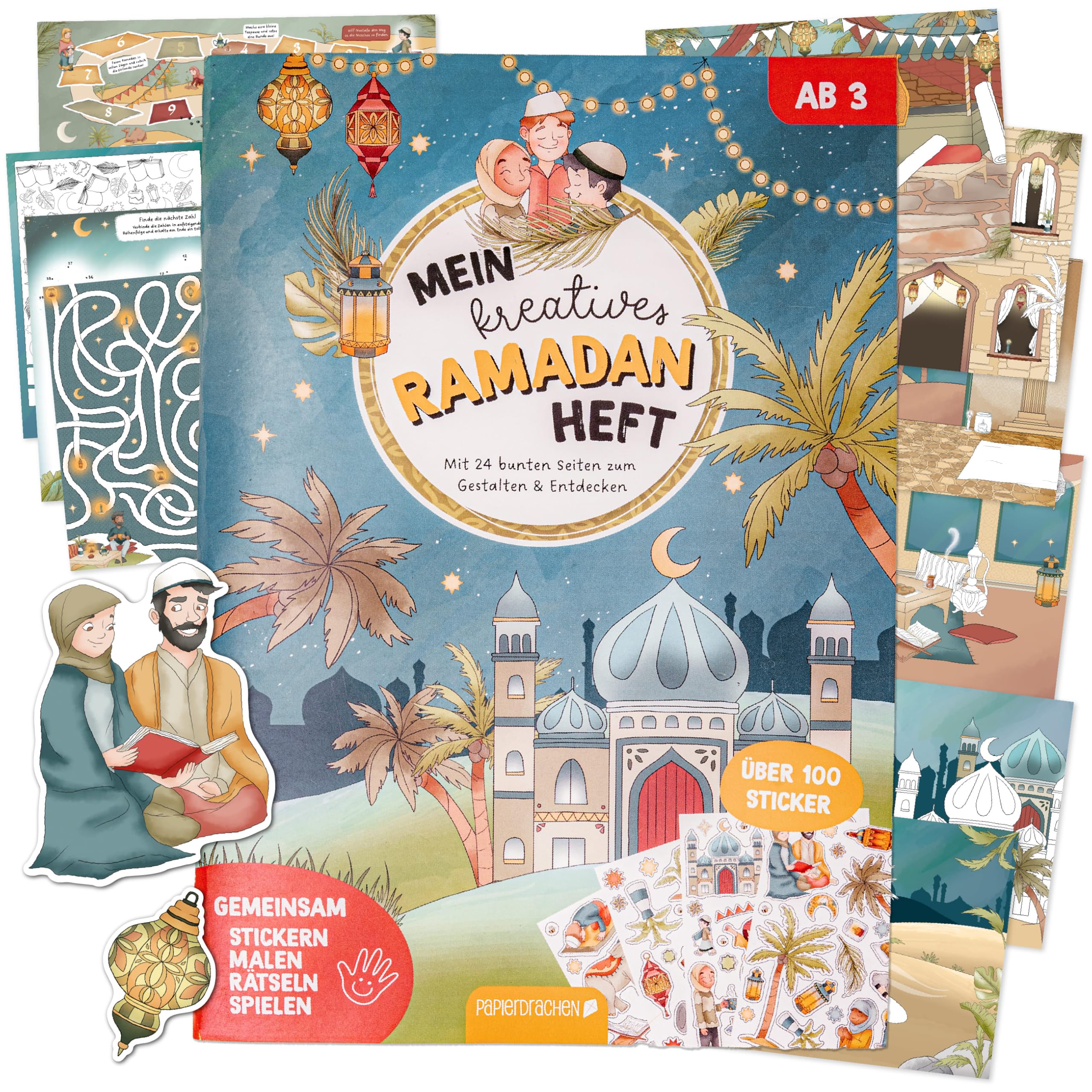 Papierdrachen Mein kreatives Ramadan Heft - 4in1-Heft - 24 Seiten - Spiele und Rätsel- über 100 Sticker -Set 01