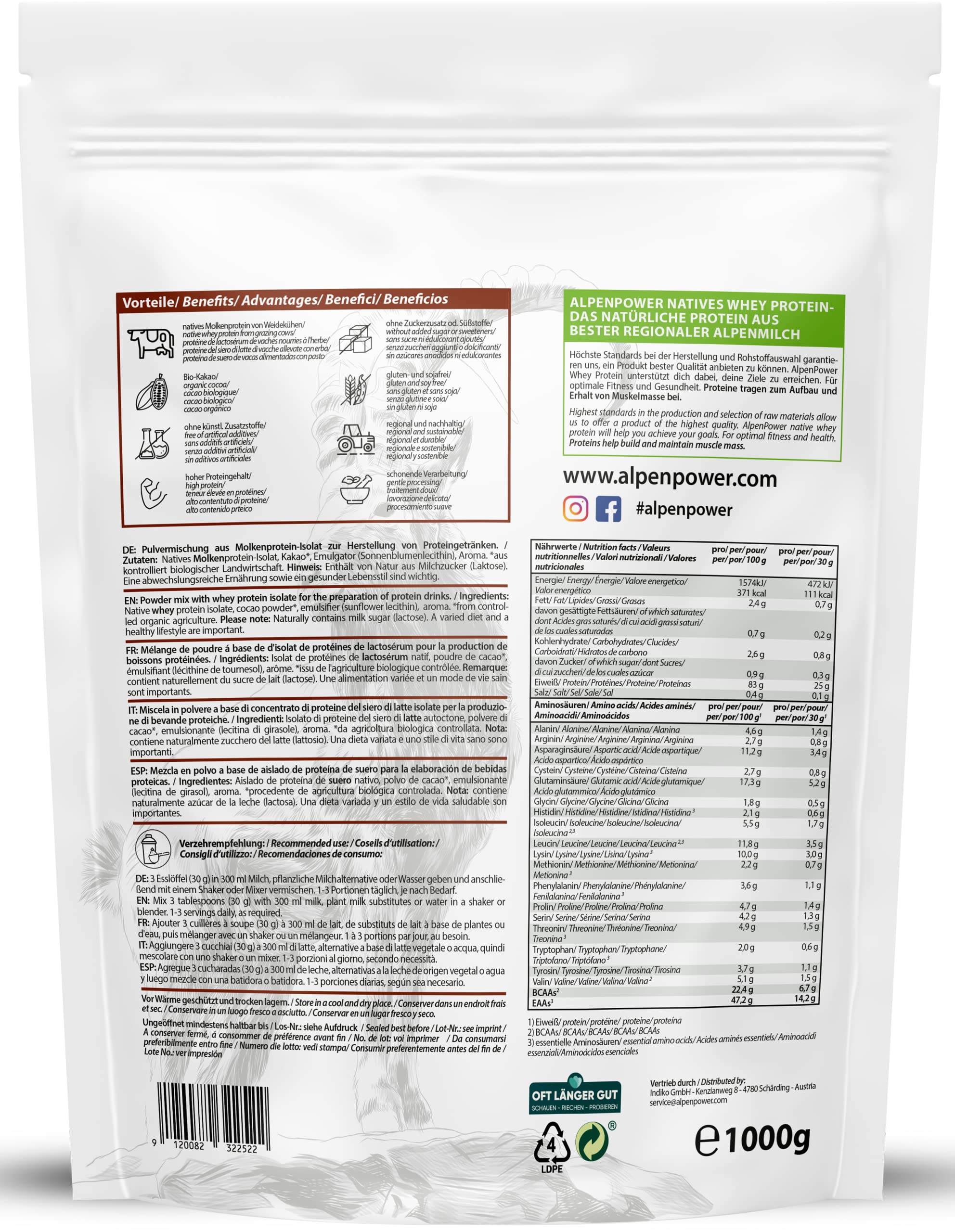 AlpenPower Whey Isolat białko w proszku czekoladowym 1 kg – 100% naturalne składniki, bez substancji słodzących – karmienie trawą – wysokiej jakości białko w proszku z najlepszego mleka alpejskiego