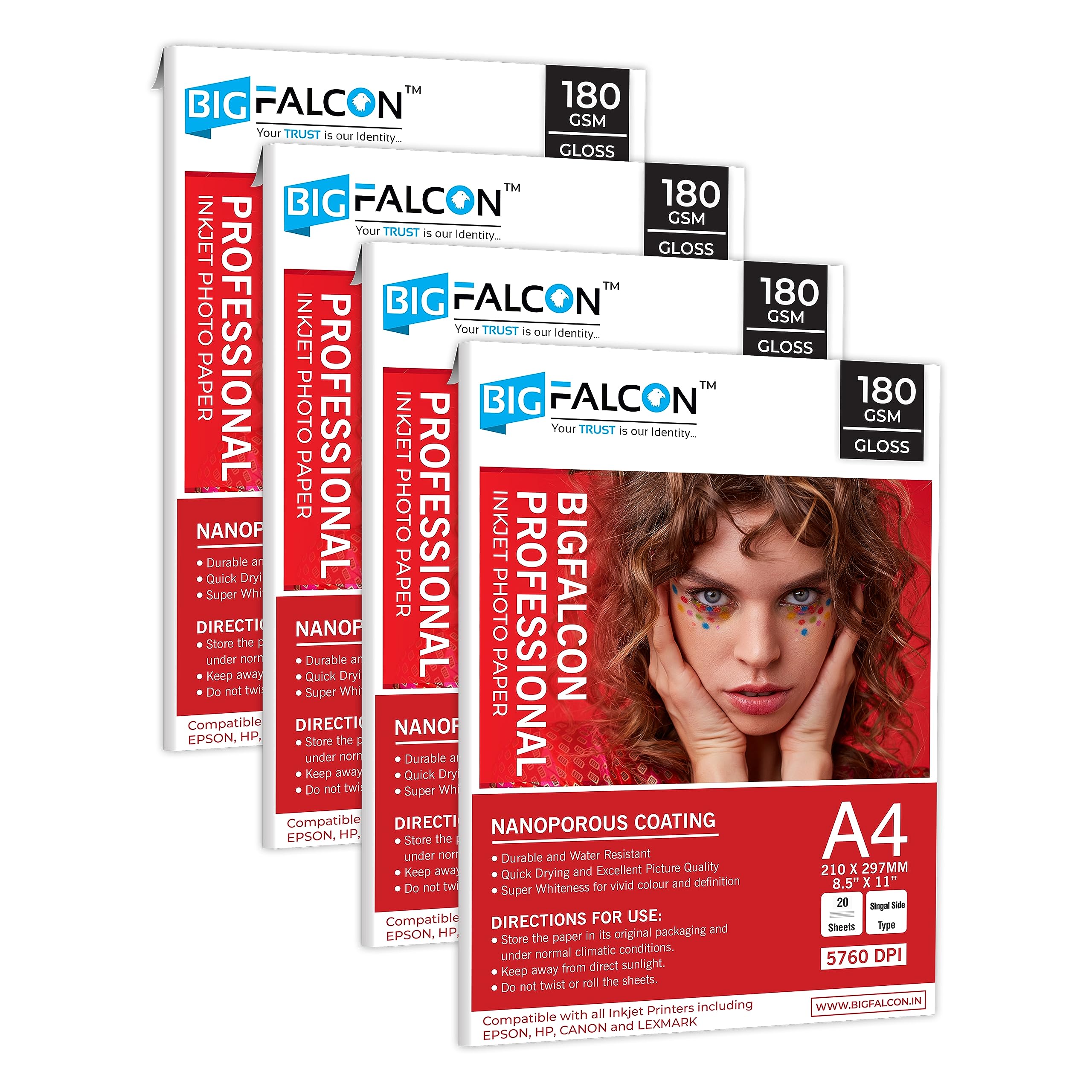 BIGFALCON Professional 180 GSM A4 Size (8.5x11 inch) Glossy Cast Coated Inkjet Photo Paper 80 Sheets for all Inkjet Printer