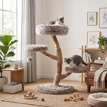 PETSITE 35.5-inch Wood Cat Tree, Multi-Level Real Pear Wood Modern Cat Tower with Jute Scratching Posts, Dangling Ball, Cozy Top Perch, 2 Jumping Platforms, Soft Long Plush Covered