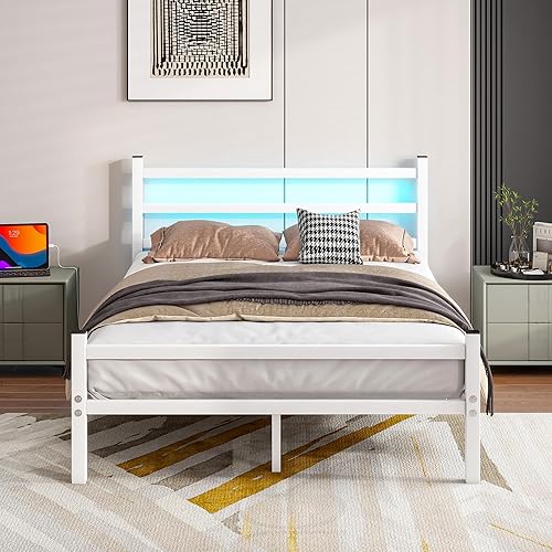 Full Bed Frame with Headboard and Footboard,Metal Platform Double Bed Frame with Charging Station and LED, Steel Slats Mattress Foundation, No Box Spring Needed,Noise Free,White