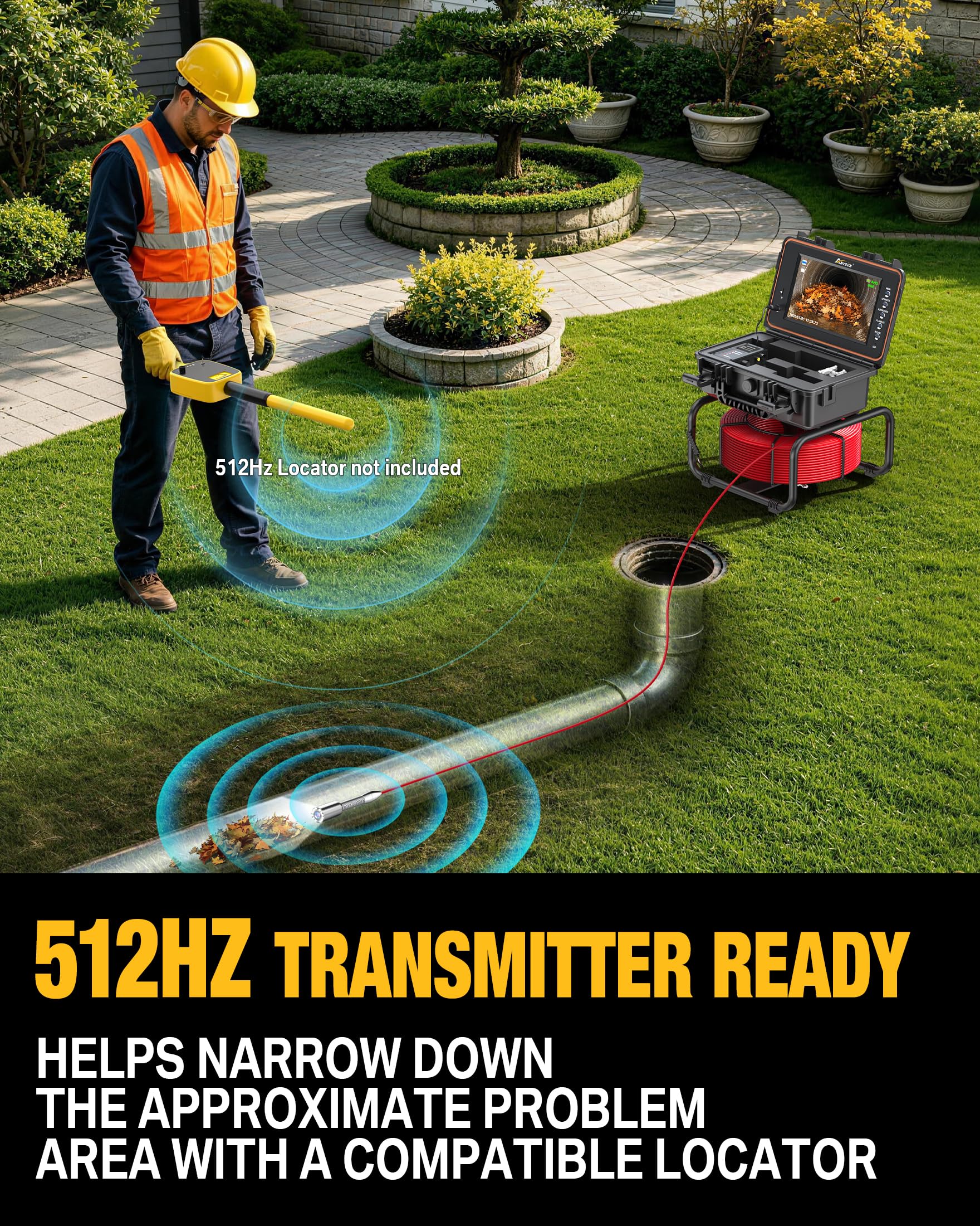 Anysun Caméra Inspection Canalisation Autonivelante avec Sonde 512Hz, Compteur Métrique, Endoscope Industriel Plomberie 1080P, Écran IPS 9", DVR, 23mm Caméra IP68 Étanche pour Détection Fuite Bouchon