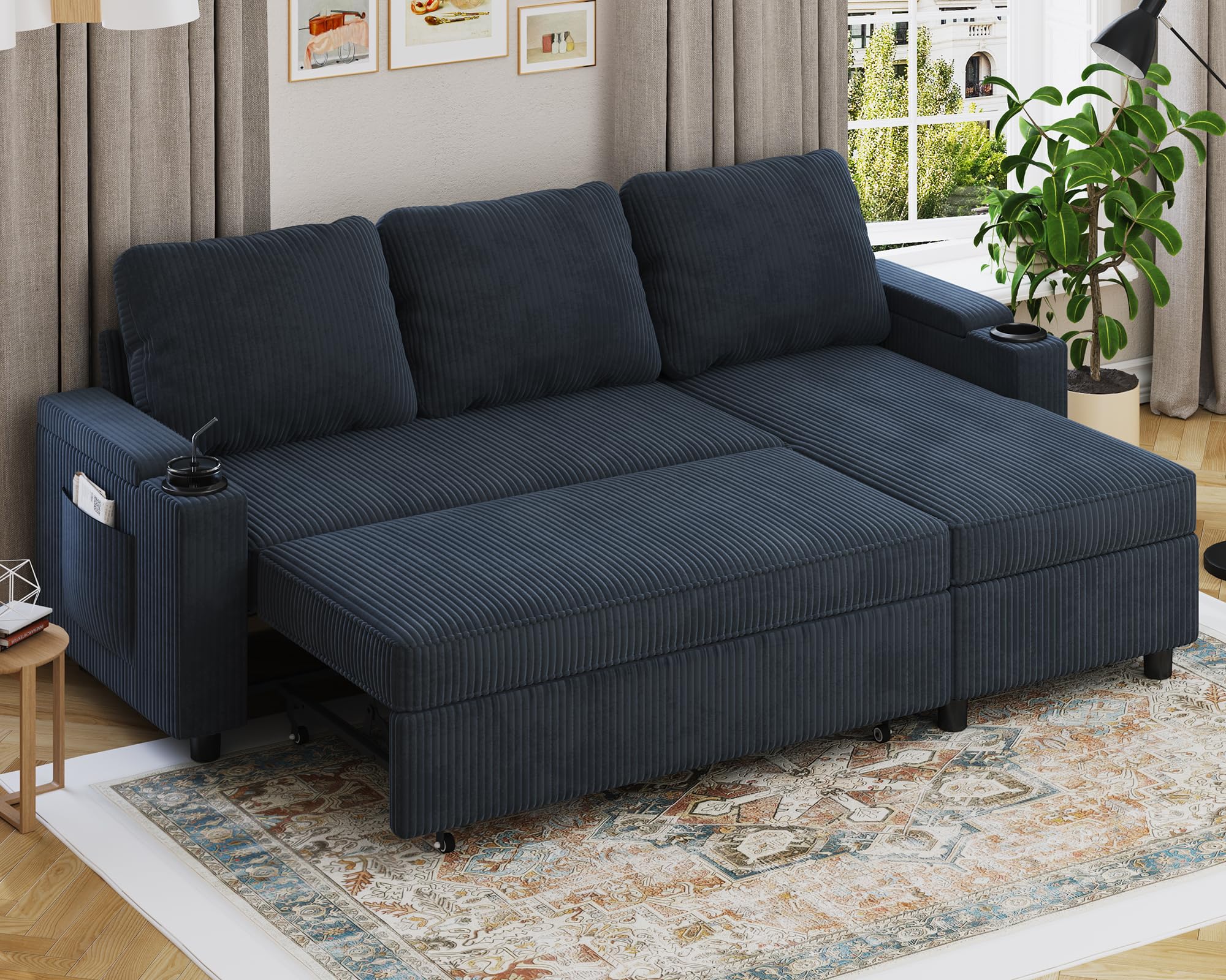 Devoko Canape Dangle Convertible, Canapé Convertible avec Rangement et Méridienne Réversible, Canape 3 Places Multifonctionnel Canapé Lit avec Accoudoirs pour Salon, Bleu Marine 200 cm - L Bleu Marine
