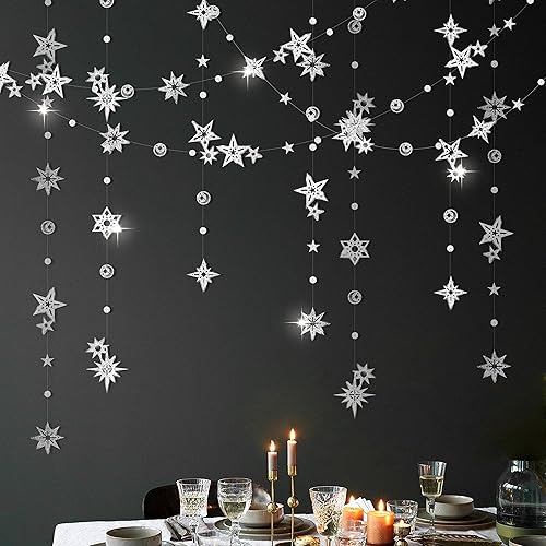 Miniatura 7 de Guirnalda de estrellas azules con purpurina para decoración de fiesta azul, pancarta estrellada, telón de fondo de galaxia, sol, luna, estrella