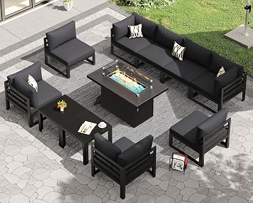 RADIATA 11 Pcs Modern Aluminum Outdoor Patio Furniture Set with Firepit Table & Side Table, Extra Large All-Weather Modular Sectional Couch, 29" Wide Deep Seated Conversation Sofa for Deck, Dark Grey
