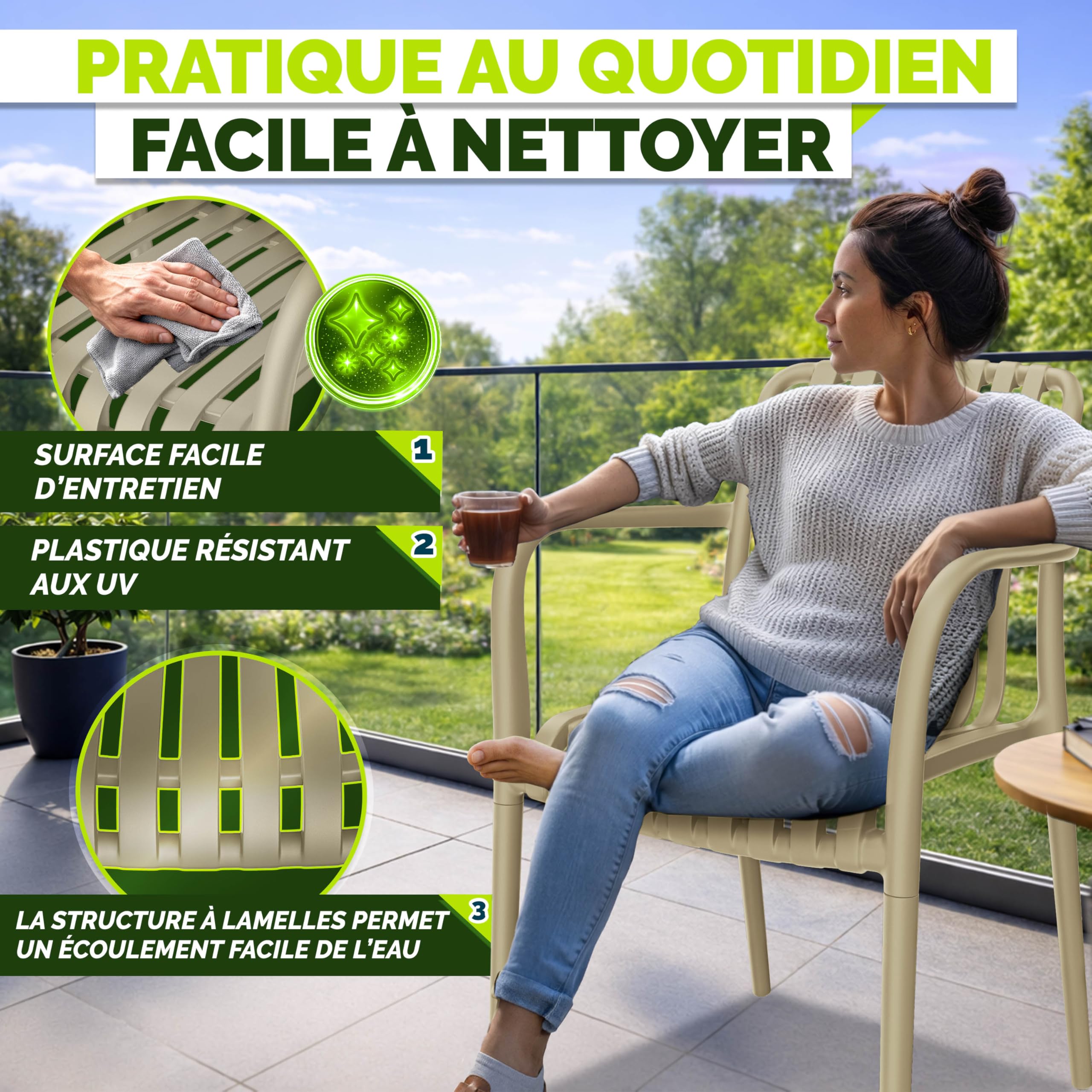 tillvex Lot de 4 chaises de Jardin, empilables, résistantes aux intempéries, avec accoudoirs, Charge maximale : 120 kg, pour extérieur, Balcon, Jardin, terrasse