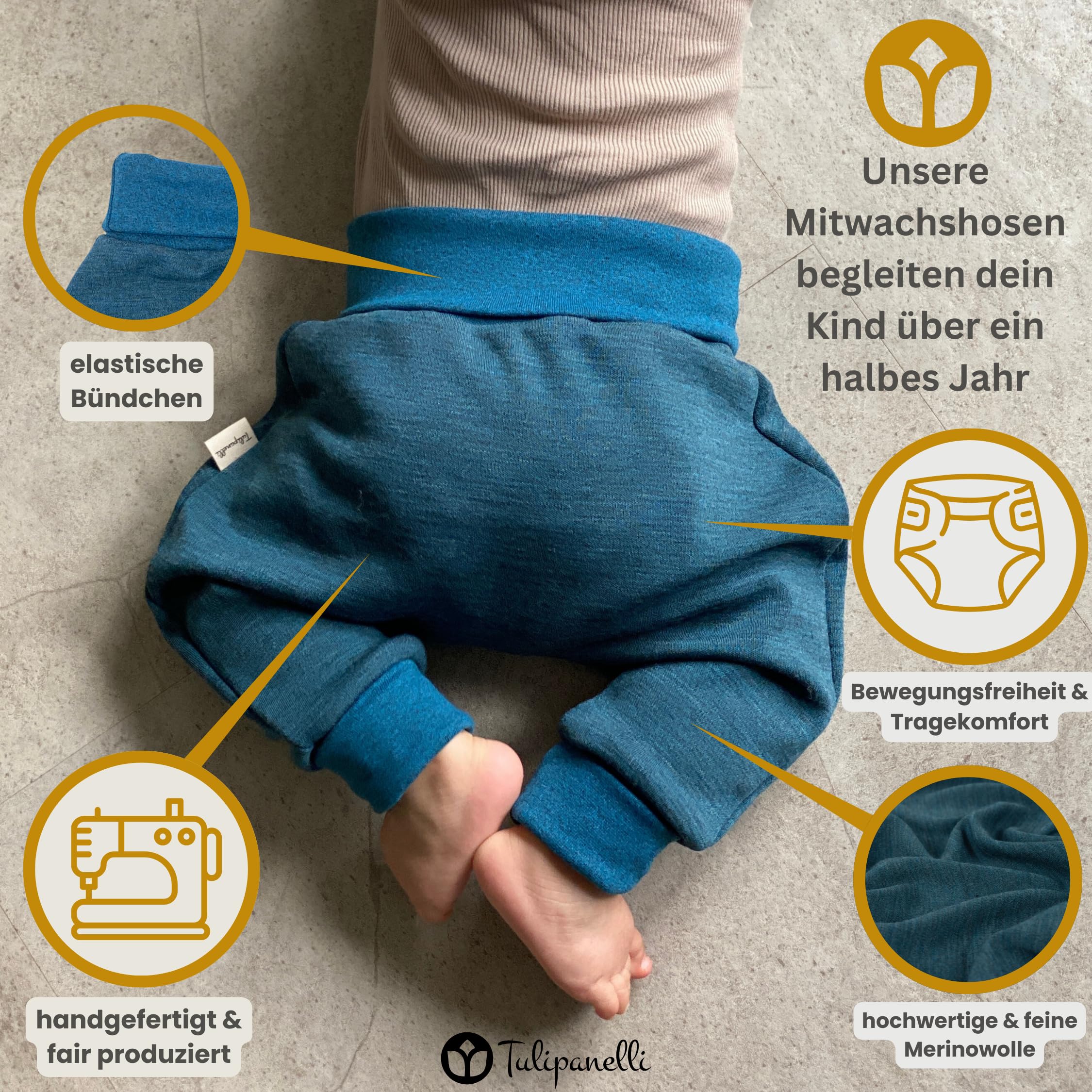 Tulipanelli Handmade Babyhose aus Merino Schurwolle - Wollhose für Babys und Kleinkinder aus Merino Wolljersey - Mitwachshose aus Merinowolle - Größen 50-74 | 68-86 | 92-104