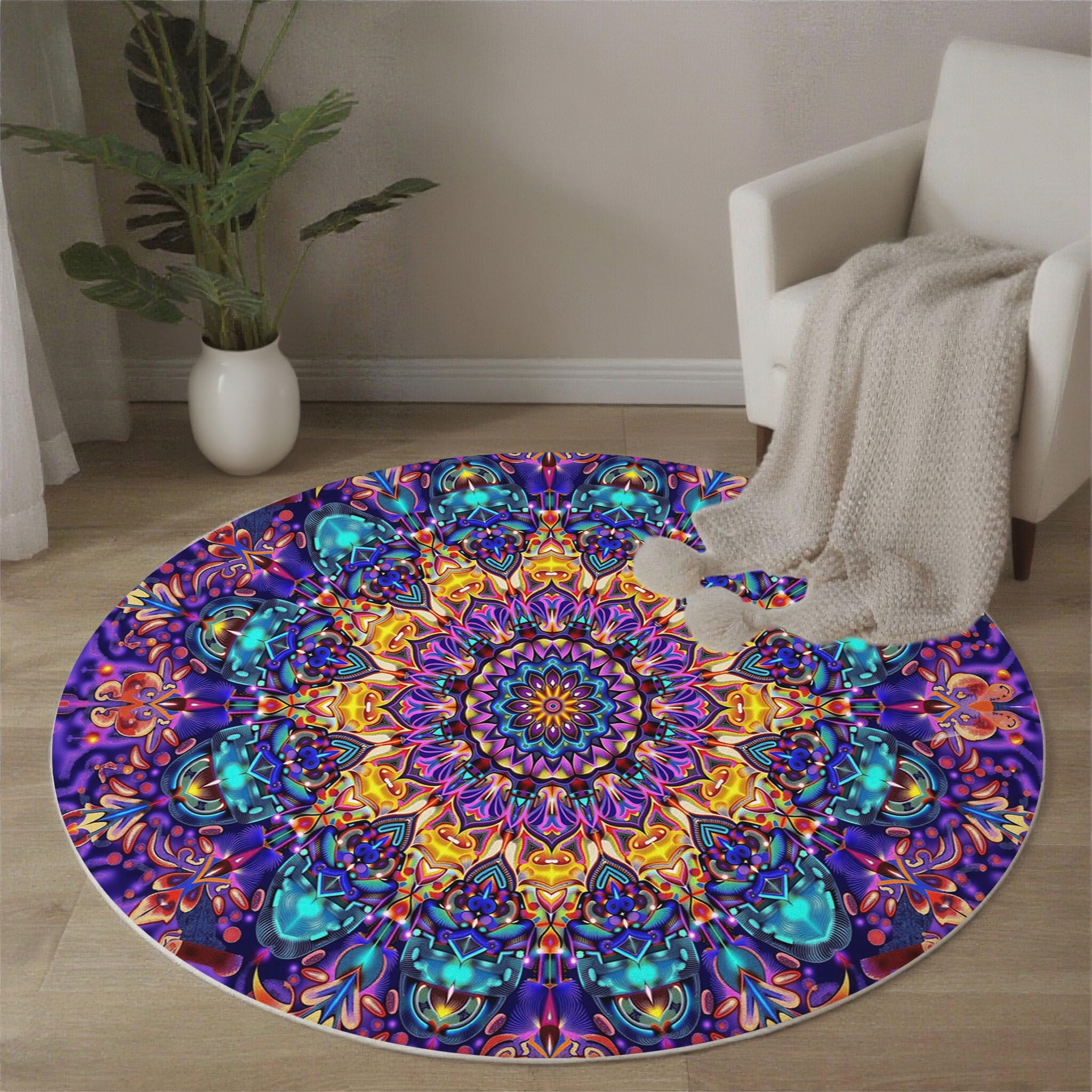 Tapis Rond Salon 160cm Kaléidoscope Mandala, Lavable Art Psychédélique Abstrait Tapis De Sol Décoration Antidérapant pour Chambre Cuisine Terrasse Salle à Manger Intérieur