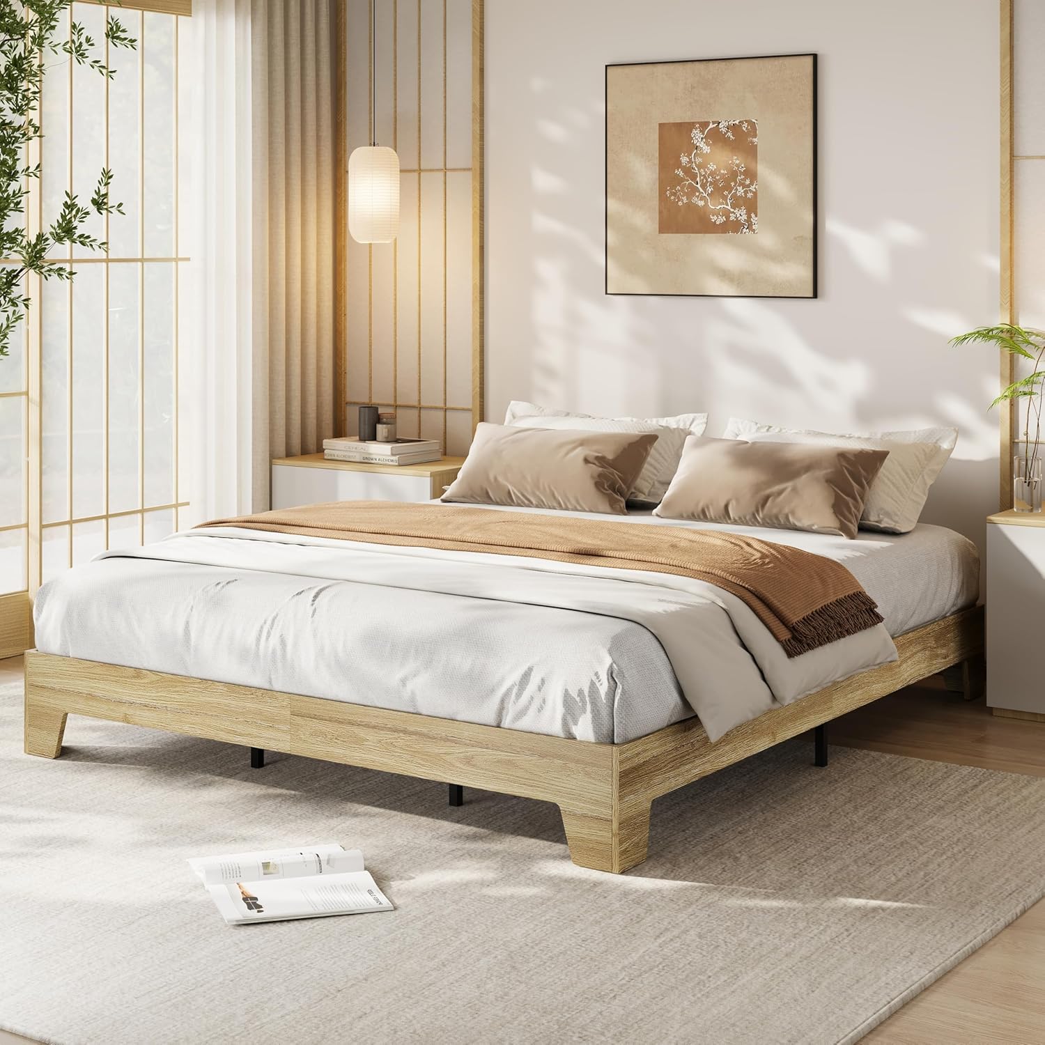 GarveeHome Queen Size Platform Bed Frame, Minimalist Wood Bed Frame No Headboard Needed, Sturdy Low Profile Bed with Natural Wood Grain, Noise-Free & Easy Assembly
