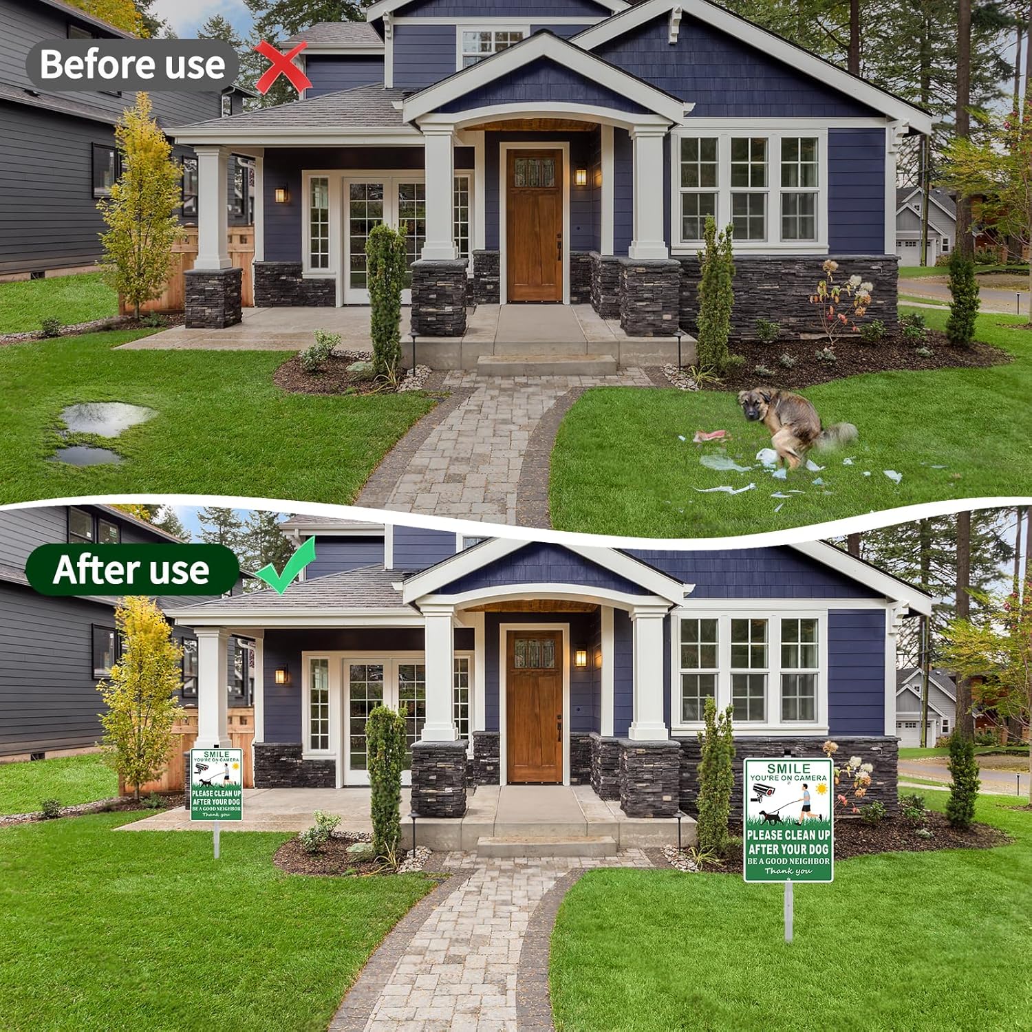 (2 Pack) Clean Up After Your Dog Signs, Please Pick Up After Your Dog Sign for Yard, No Pooping Dogs Signage -10x35 Heavy Duty Aluminum Weather Resistant and Easy to Install with Stake (Green)