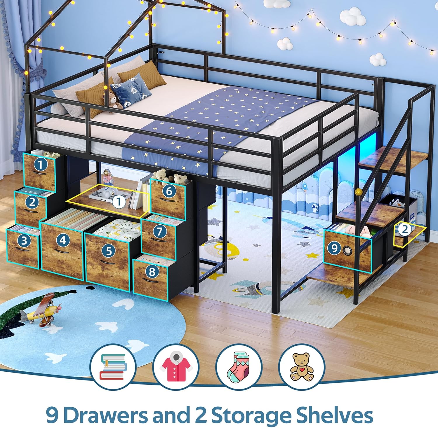 Loft Bed Full Size, Low Loft Bed, Kids Loft Bed, House Shaped Full Loft Bed, Under-Bed Play Space, 9 Drawers, 2 Storage Shevles, LED Lights, Charging Station, 13.8" Safety Guardrail，Brown