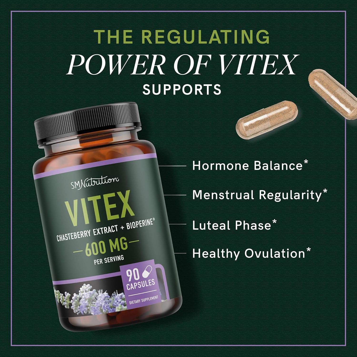 Vitex Chasteberry Supplement 600mg | Agnus Castus for Women's Hormone Balance, Menopause, Menstrual Regularity & Hormonal Acne* | Certified Gluten-Free, Vegetarian | 90 Capsules, 3-Month Supply - Image 2