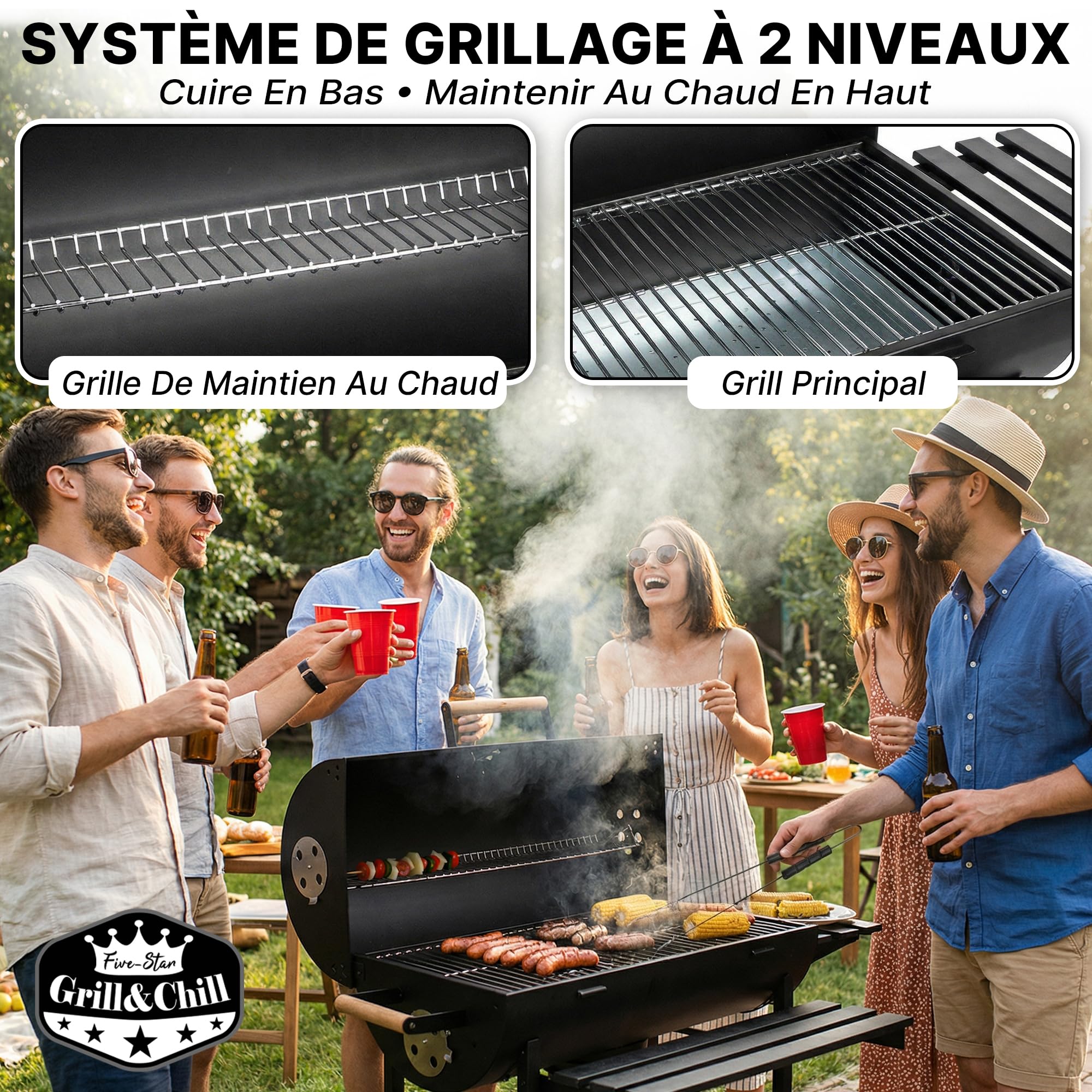 Five-Star Grill & Chill Barbecue charbon de bois - barbecue de jardin, barbecue charbon grande grille chromée 71×35 cm, couvercle, cendrier, thermomètre, deux roues de transport, BBQ, GC0002