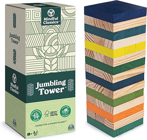 Mindful Classics, Jumbling Tower Bloques de madera sostenibles Tumbling Toppling Juego de apilamiento de madera de bambú, para adultos y niños a