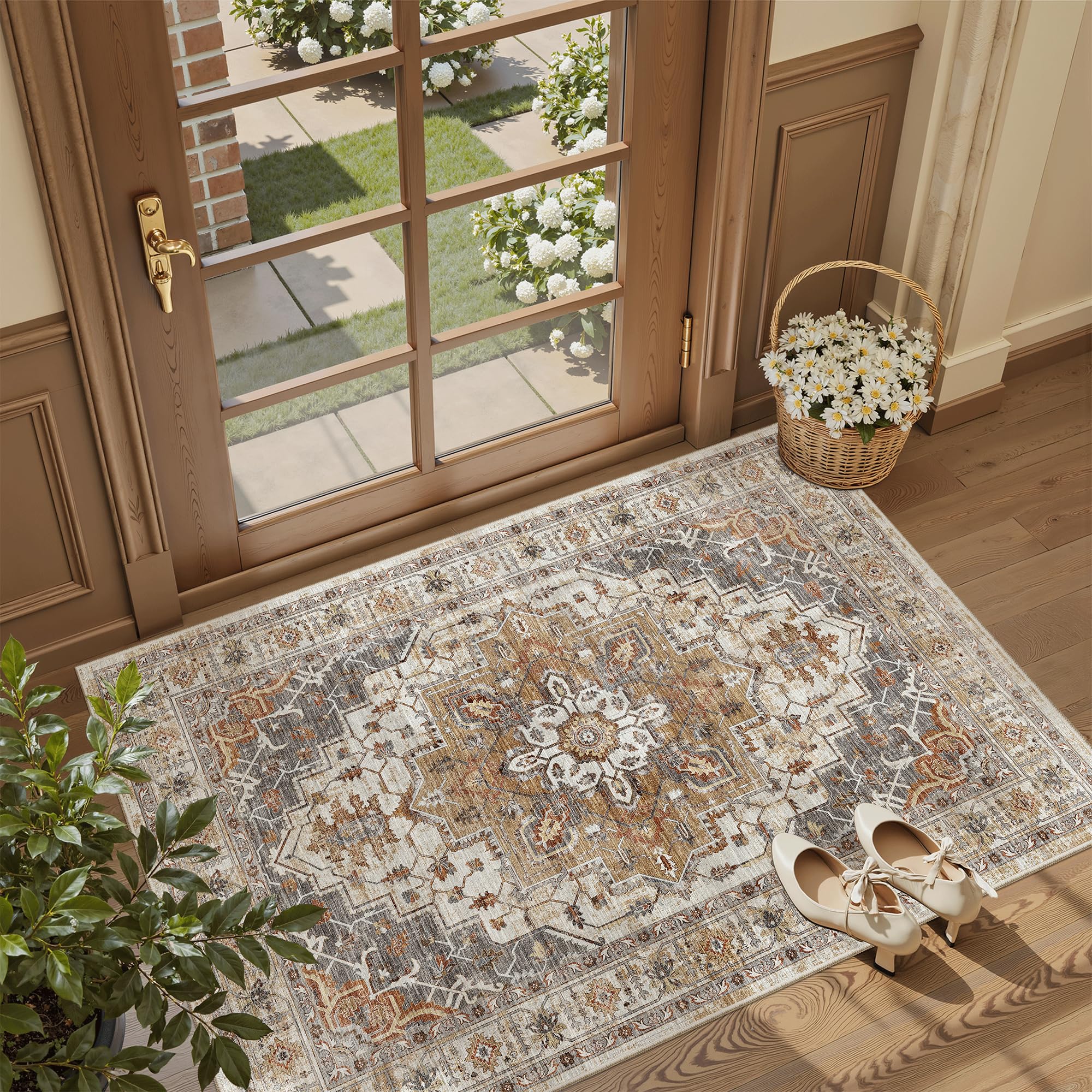 Madane Washable Entry Rug 3x4, Area Rugs for Entryway Kitchen Bathroom Door Mat Indoor Entrance, Vintage Floral Print Office Runner with Non Slip Rubber Backing, Turmeric/Grey