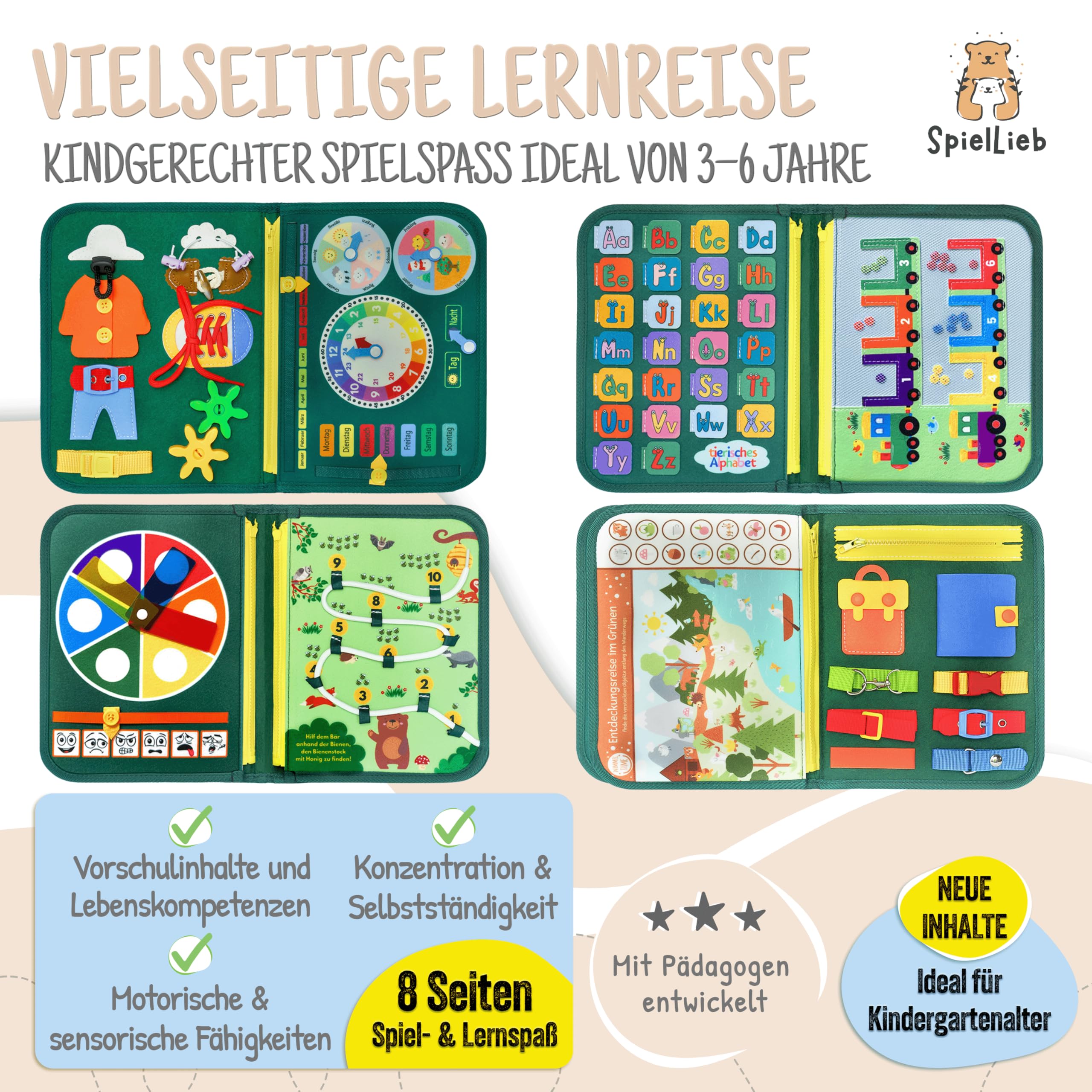 SpielLieb® Montessori Busy Board tedesco dai 3 anni in su, giocattolo interattivo per bambini – Occupazione per auto e aereo sviluppo e capacità motorie