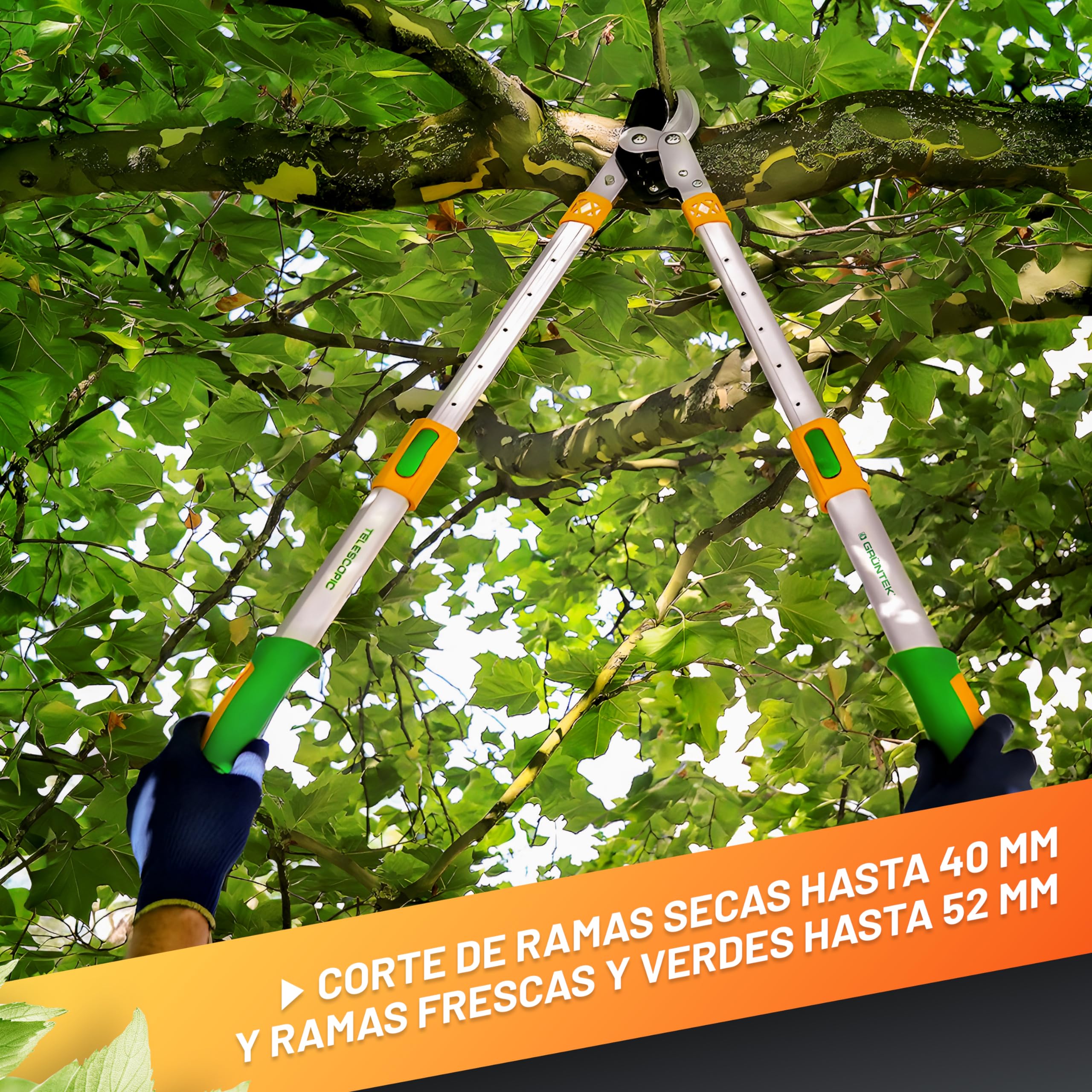 GRÜNTEK Tijeras de poda telescópicas XT 685-940 mm sistema de corte Bypass. Hoja 82mm de acero revestido templado y Teflon. Magos con 6 pos. ajustables.
