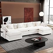 Ihanherry 146" U-Shaped Modern Sofa Modular Sectional Cloud Couch with 2 Ottoman, 6-Seat Chenille Deep Seat Sofa with 6 Pillows for Living Room, Bedroom and Apartment, Beige
