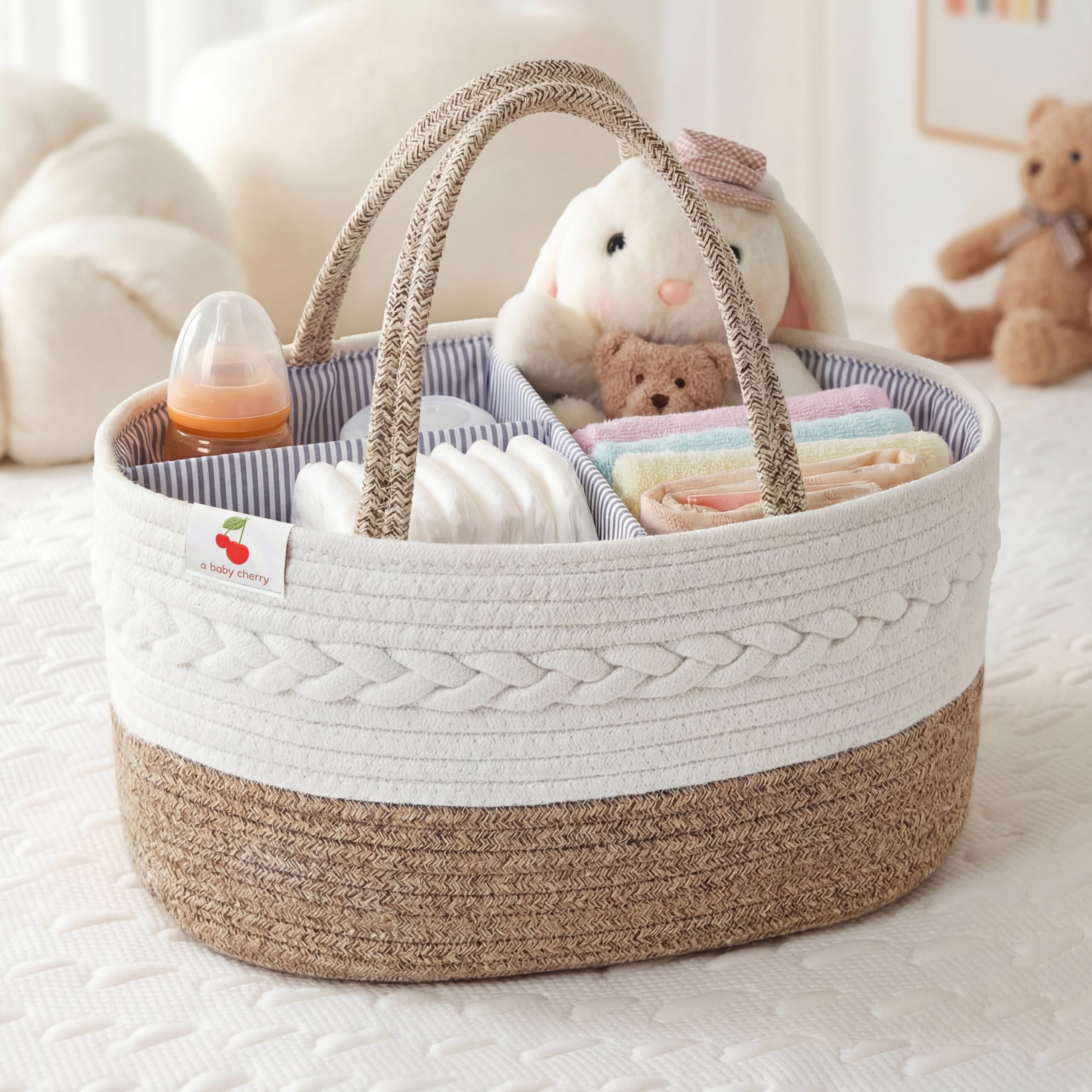 - a baby cherry Cotton-Diaper Baby Products Caddy|Baby Bags for Newborn|Diaper Caddy Bag Organizer Large Capacity(40 * 28 * 20Cm)|Nursery Storage Bin and Car Organizer for Diapers and Wipes(Brown)