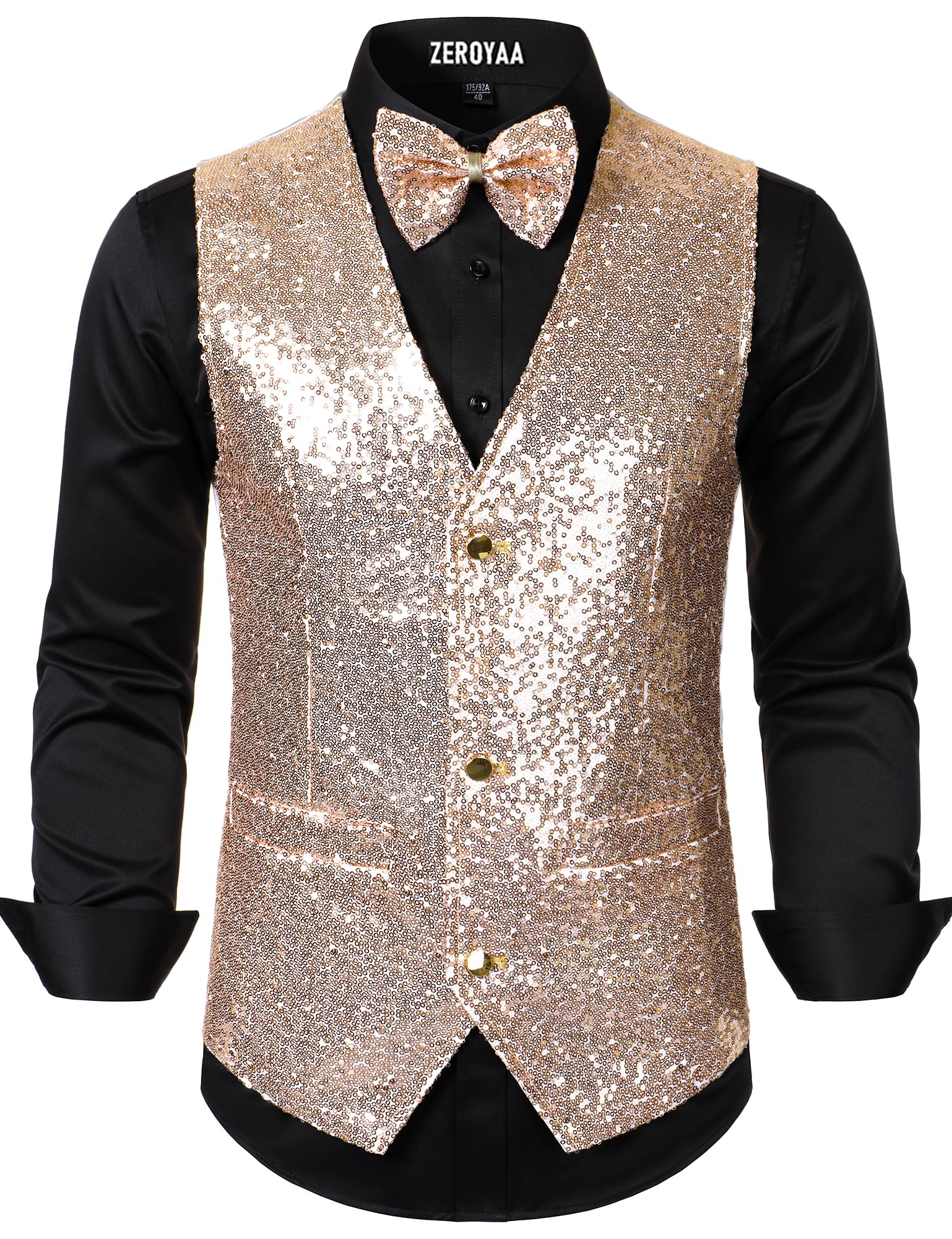 zeroyaa Men's Sequin Vest Slim Fit 70s Shiny Waistcoat Bowtie Set Disco Prom Party Tuxedo-picture-26