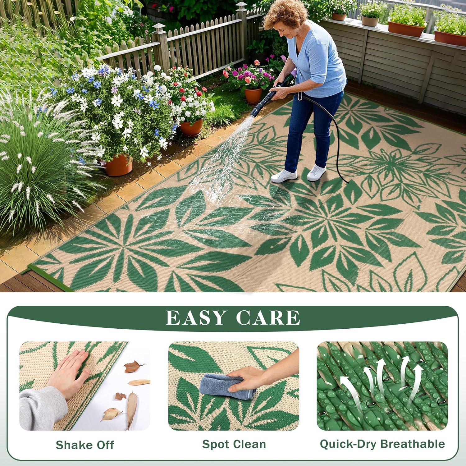 Waterproof Outdoor Rugs 5x8, Green Outdoor Plastic Straw Rug Double-Sided, Fade Resistant Patio Rug, Easy Cleaning RV Camping Mats Outside Carpet Portable for Balcony Porch Garden Deck Picnic