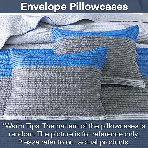 Miniatura 6 de Andency Juego de edredón a rayas Queen (96 x 90 pulgadas), 3 piezas (1 edredón a rayas y 2 fundas de almohada), juego de colcha de retazos azul y