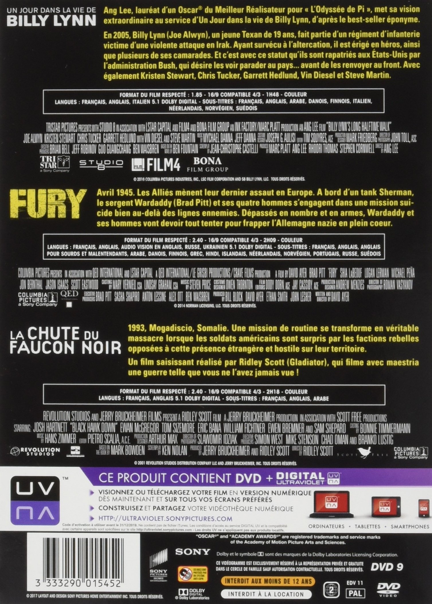 Coffret guerre 3 films : un jour dans la vie de billy lynn ; fury ; la chute du faucon noir