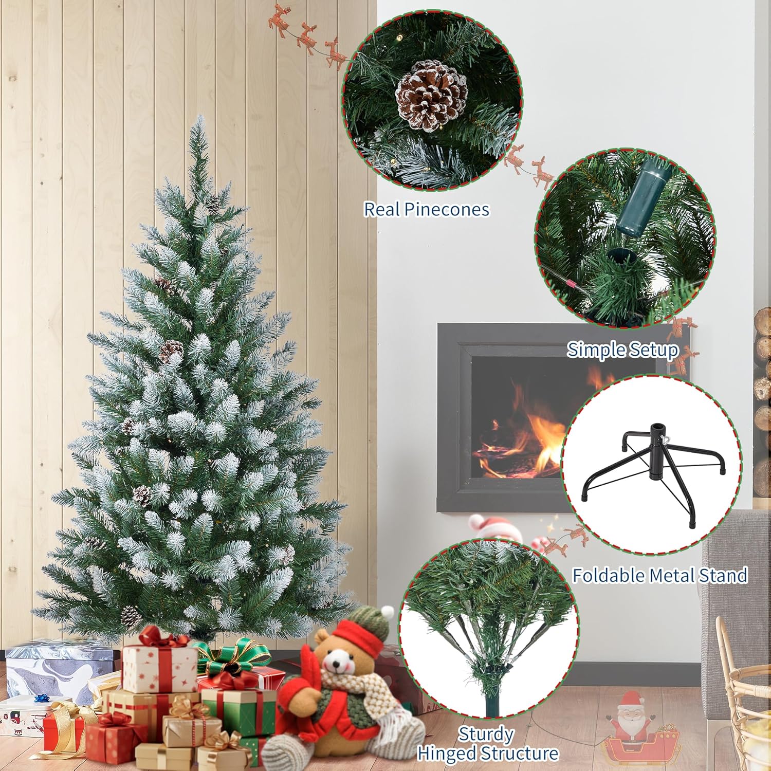GAOMON 6FT Christmas Tree, Artificial Pre-Lit Christmas Tree, Xmas Tree with Metal Stand, Artificial Tree for Home Party Office Holiday Decoration