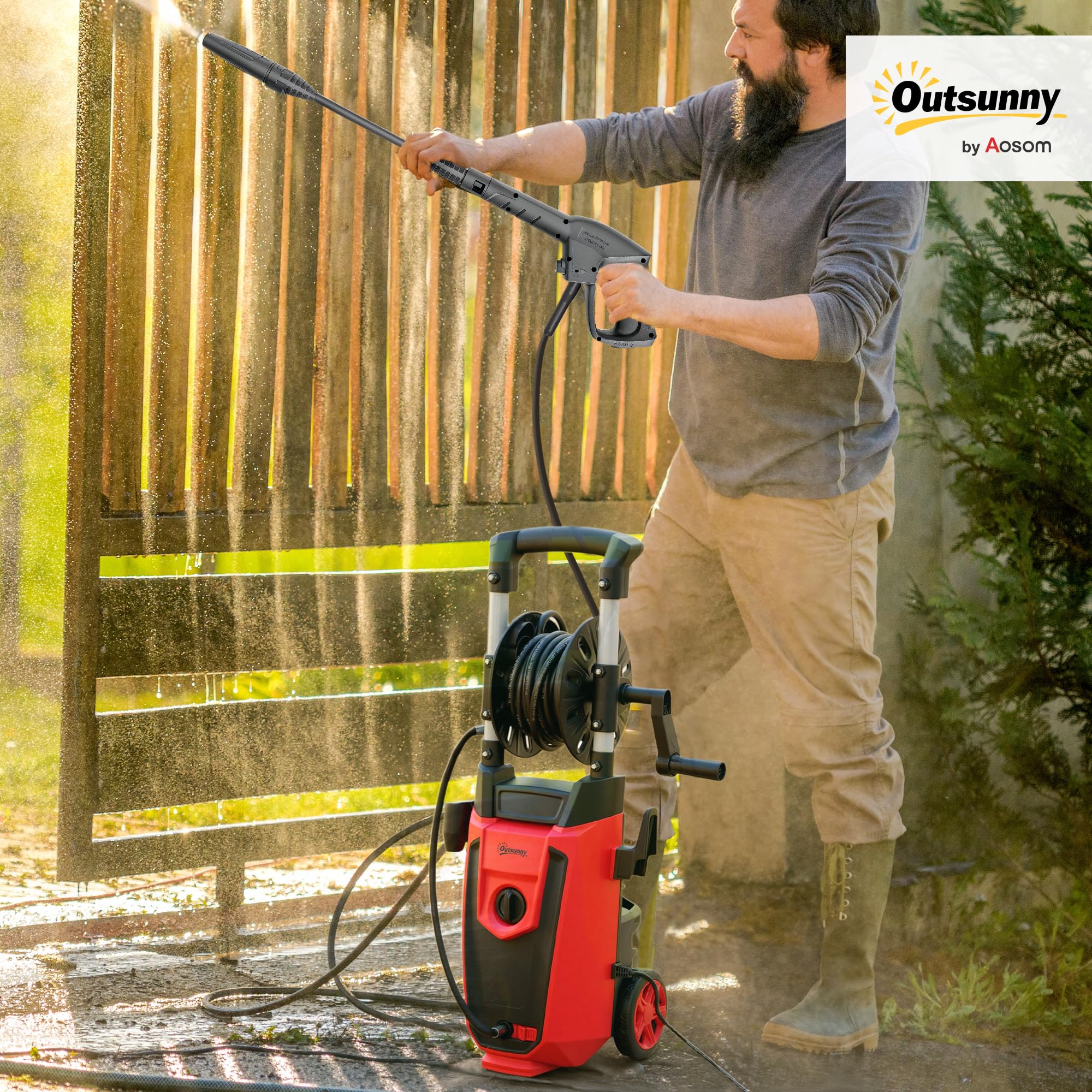 Outsunny Hidrolimpiadora de Alta Presión 1800W, Presión 150 Bar, Caudal 420 L/h, con Bomba de Aluminio, Parada Automática, Manguera de 6 m, Incluye Botella de Espuma y Boquilla Ajustable, Rojo y Negro