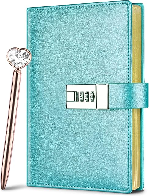 Lock Diary for Woman, Leather Locking Journal with Pen,Gold Gilded Edges Writing Notebook Combination Locked Journal Planner Agenda Personal Diary(Blue,19.5 x 13.3 cm)
