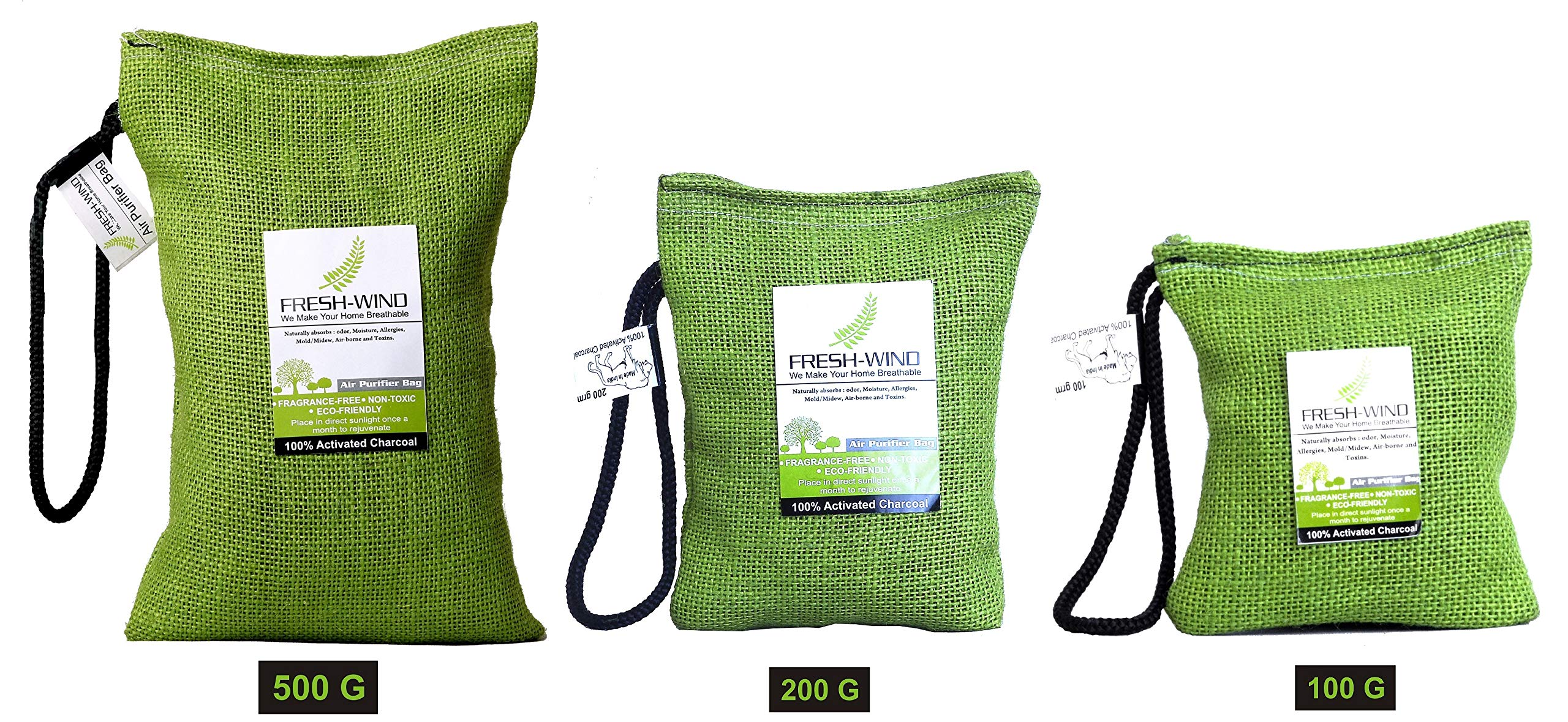 FreshwindNon-Electric 100% Activated Charcoal Air Purifier, Deodorizer, Odor Absorber and Dehumidifier for Wardrobe, Fridge,Shoe Rack, Cars and Home (Pack of -3)