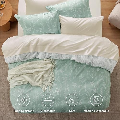 Miniatura 3 de Bedsure - Funda de edredón tamaño King, reversible floral verde, cierre de cremallera, 3 piezas, 1 funda de edredón 104 x 90 pulgadas, 8 lazos en
