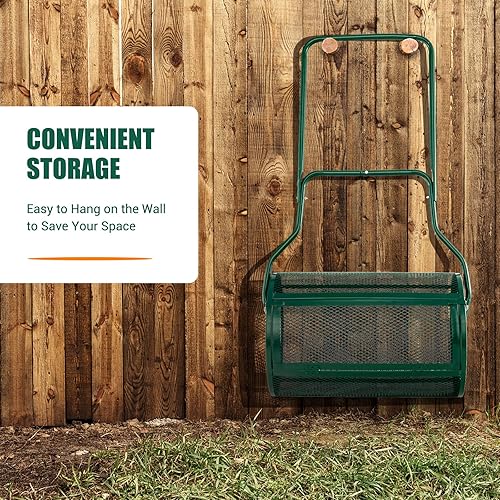 Miniatura 9 de Goplus Esparcidor de compost de 24 pulgadas, esparcidor de turba con mango en forma de U mejorado, pestillos laterales, rodillo de malla metálica
