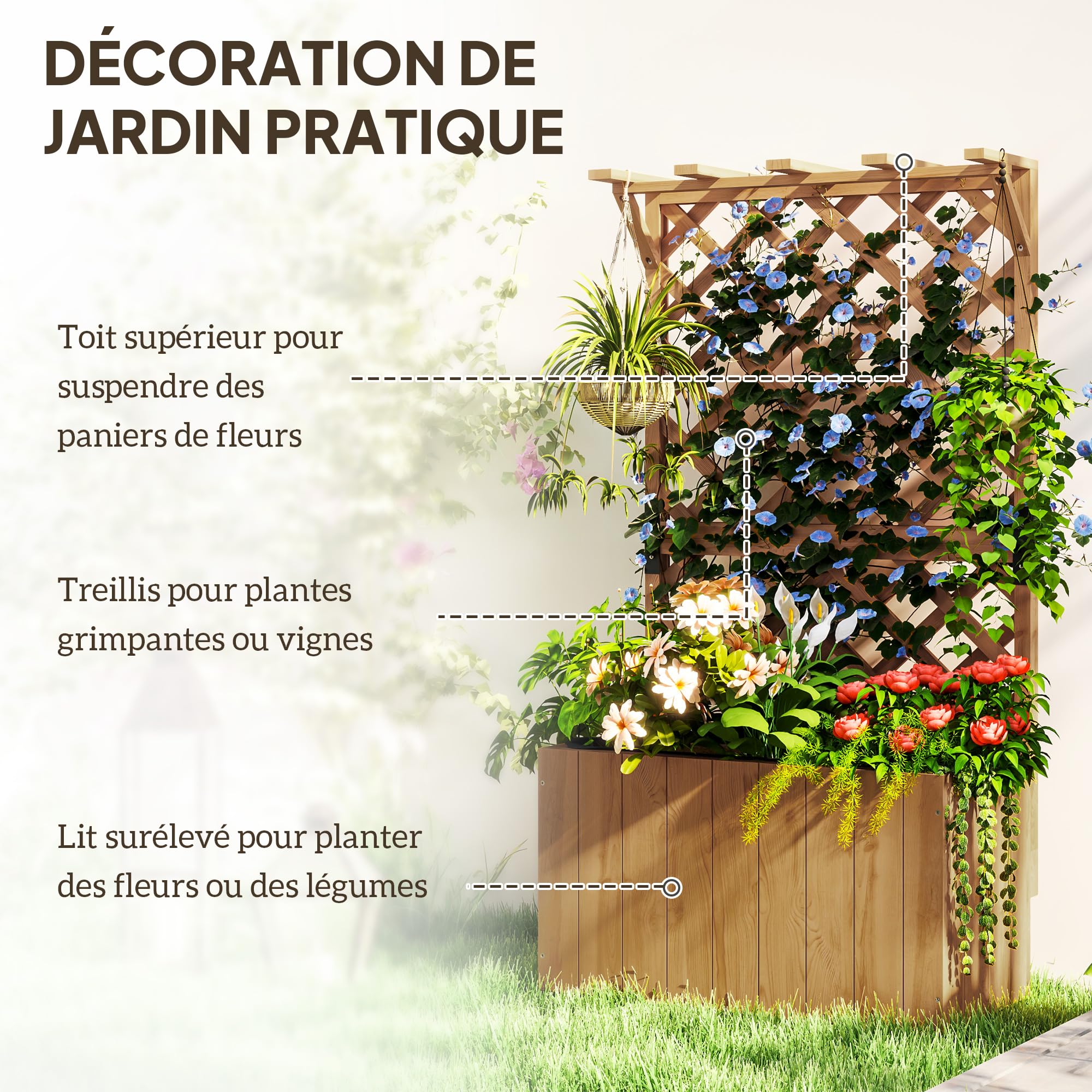 Outsunny Jardinière avec Treillis, bac à Fleurs, lit surélevé en Bois Massif avec Trous de Drainage et Doublure, pour Plantes grimpantes, légumes et Fleurs, 64 x 33 x 122 cm, Bois Naturel