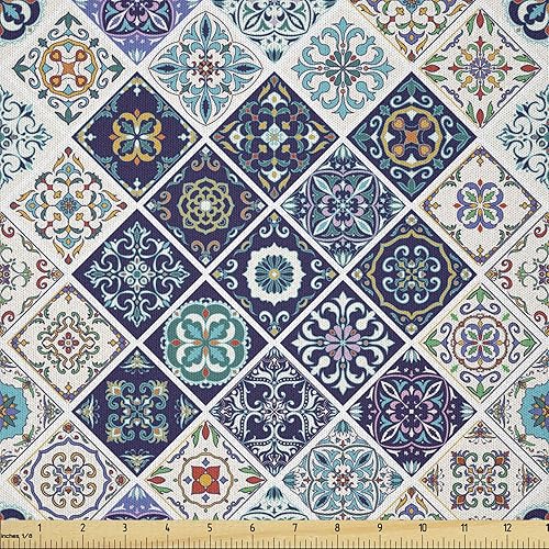 Ambesonne Traditional Fabric by The Yard, Portuguese Historical Mixed Azulejo Mosaic Tiles with Moroccan Ceramic Motifs, Microfiber Fabric for Arts