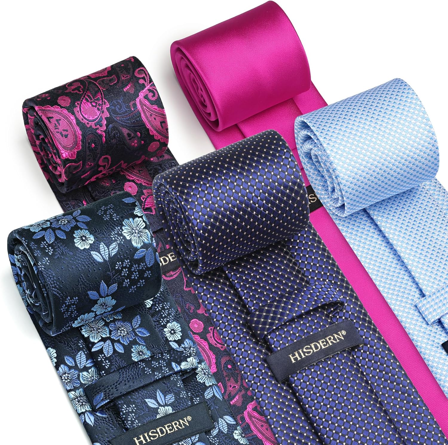 HISDERN Mens Ties Set 5PCS Collection Tie with Pocket Sqaure Formal Business Necktie Present Box Neckties Set for Men