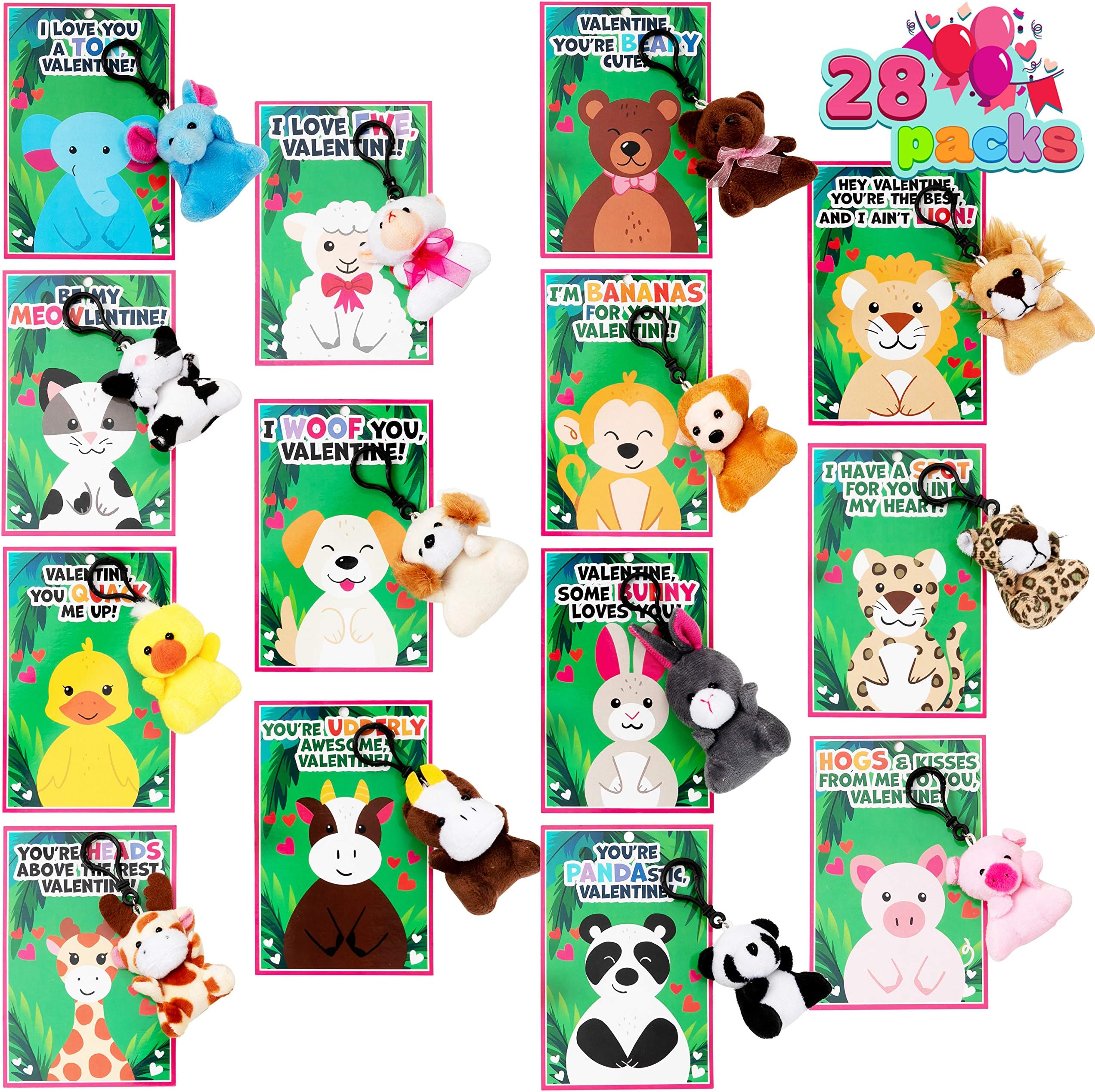 Joyin 28 pack valentines day gifts cards for kids with animal plush toy key chain for valentine's classroom echange cards and valentines party favor