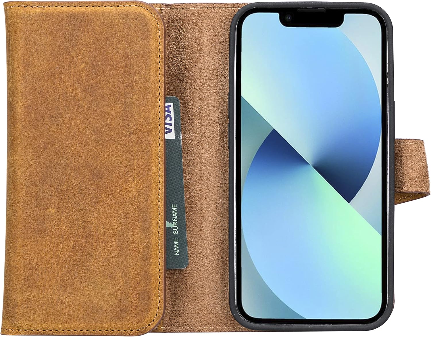 Bayelon Case Compatible with iPhone 13 Pro, Full Grain Trifold Leather Wallet [2in1], Detachable Magnetic Flip Cover with Card Slots (Antique Camel)