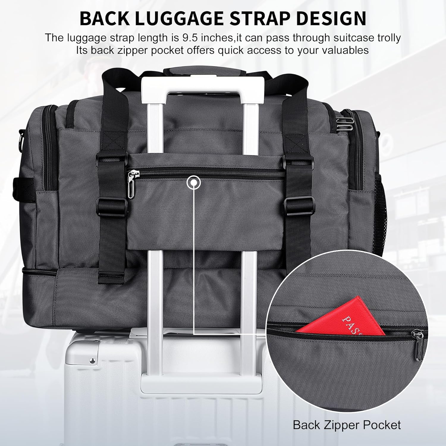 WITZMAN Duffle Bag for Men Large Carry On Travel Mens Weekender Overnight Bags with Shoes Compartment for Sports Gym(B723 Silvery Grey) - Image 6