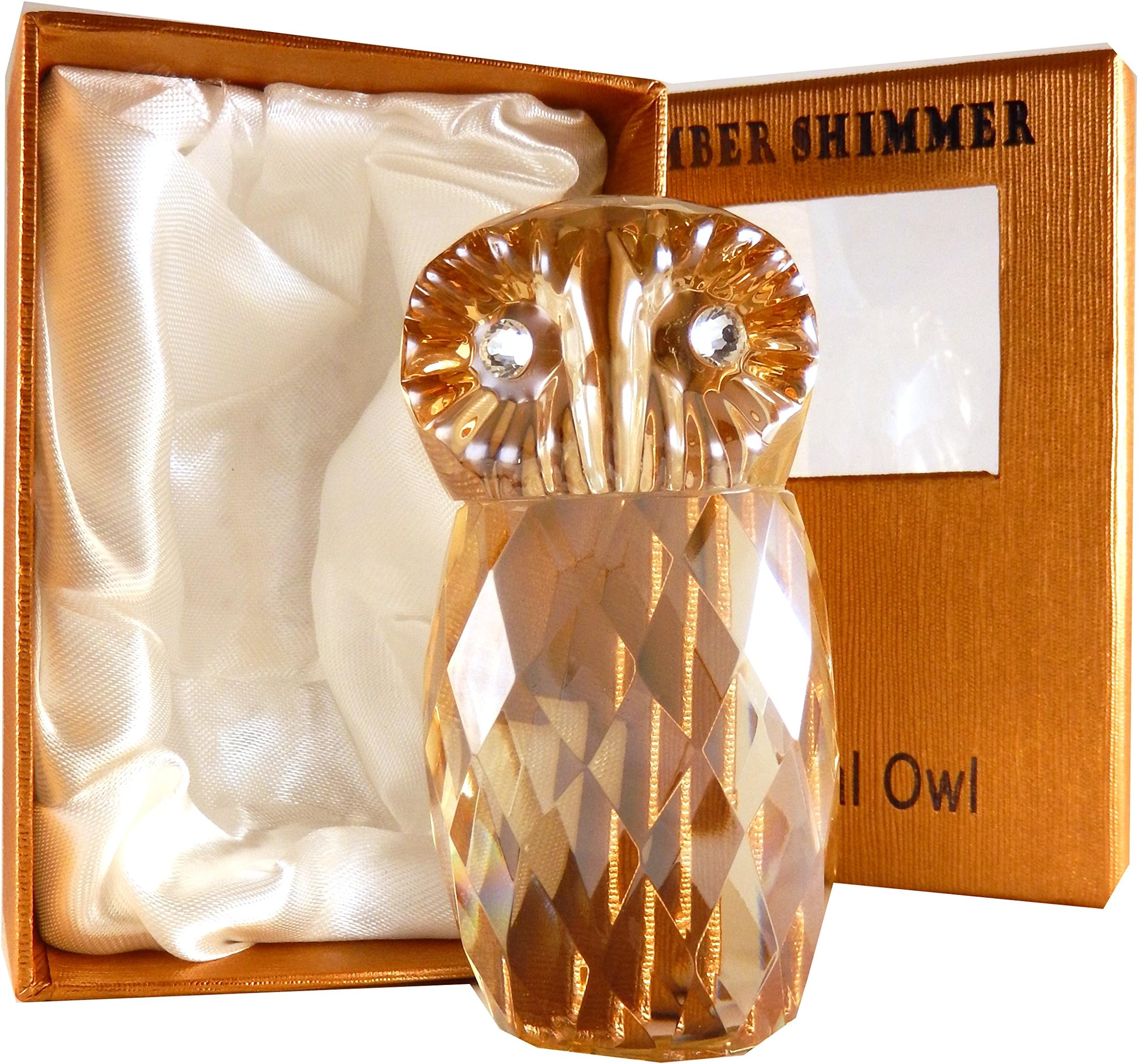 Amber Shimmer Crystal Paperweight Owl, Gift Boxed