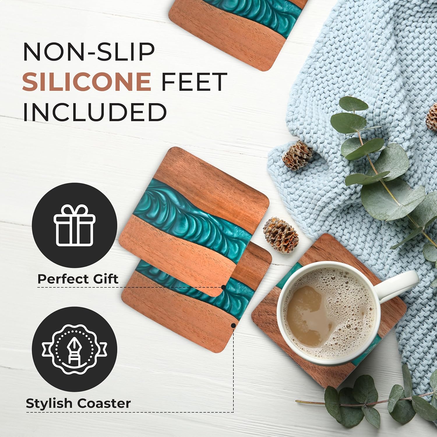 Rustic Wood Coasters Set of 4, Epoxy Resin, 4x4 Inches, With Holder - Image 5